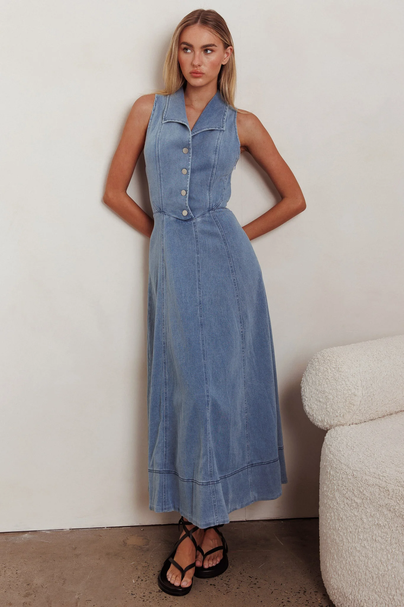 Entertain Me Sleeveless A-Line Maxi Dress Denim Blue - Sonourner