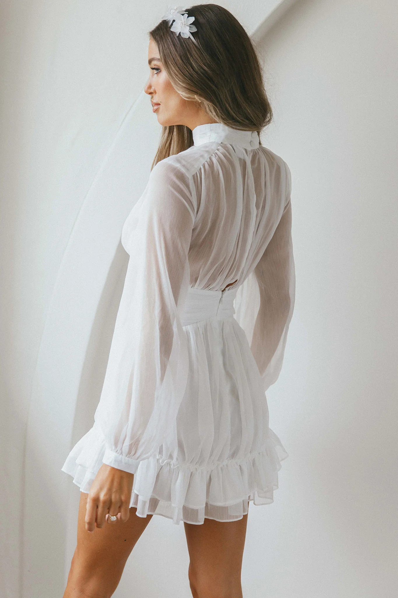 Mandalay High Neck Long Sleeve Waistband Dress White - Sonourner