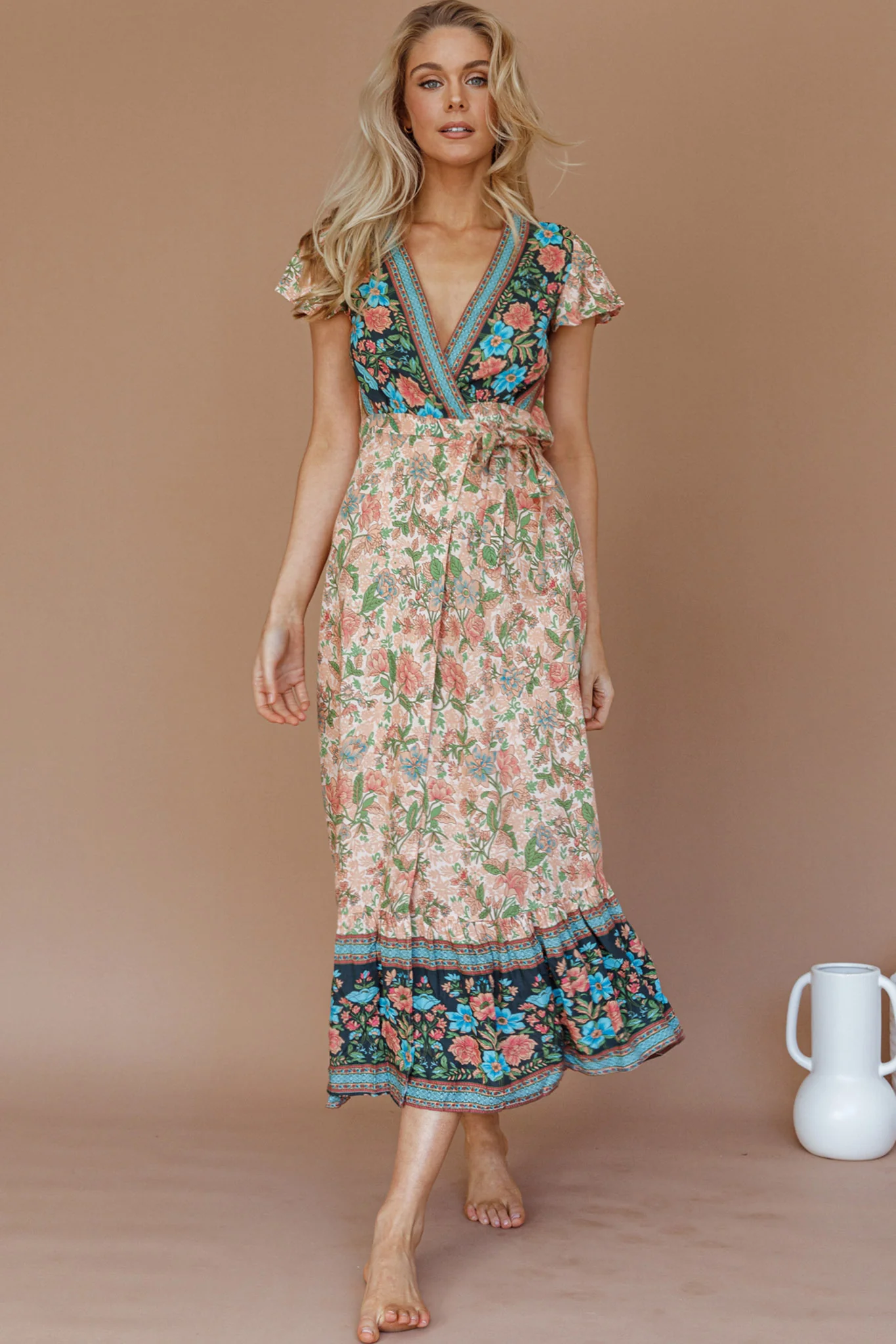 Mayan Angel Sleeve Wrap Midi Dress Floral Nude - Sonourner