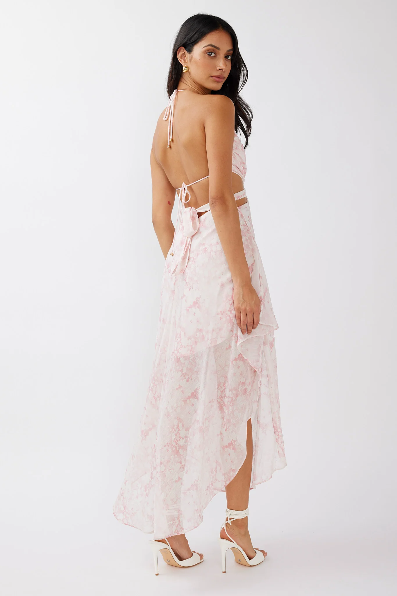 Samia Cut-Out Halterneck Midi Dress Print Blush - Sonourner