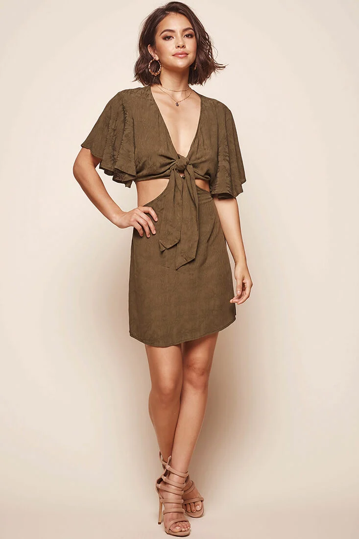 Selfie Batwing Bust Tie Dress Olive - Sonourner