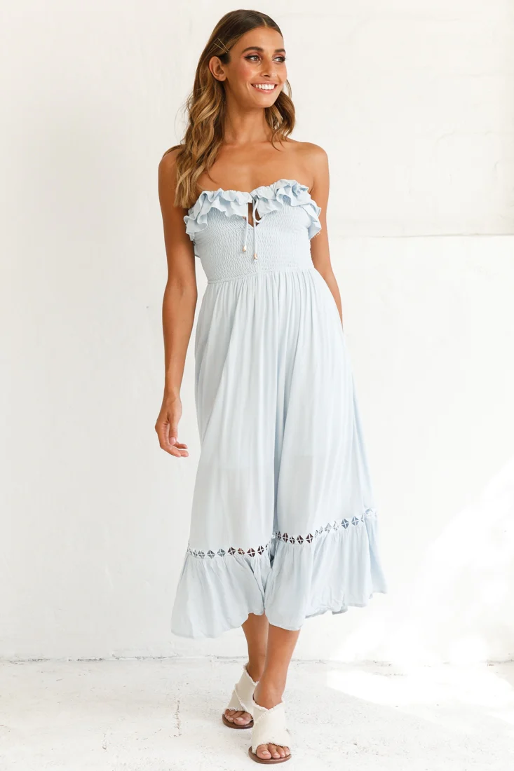 Daydream Shirred Bust Frill Trim Maxi Dress Ice Blue - Sonourner