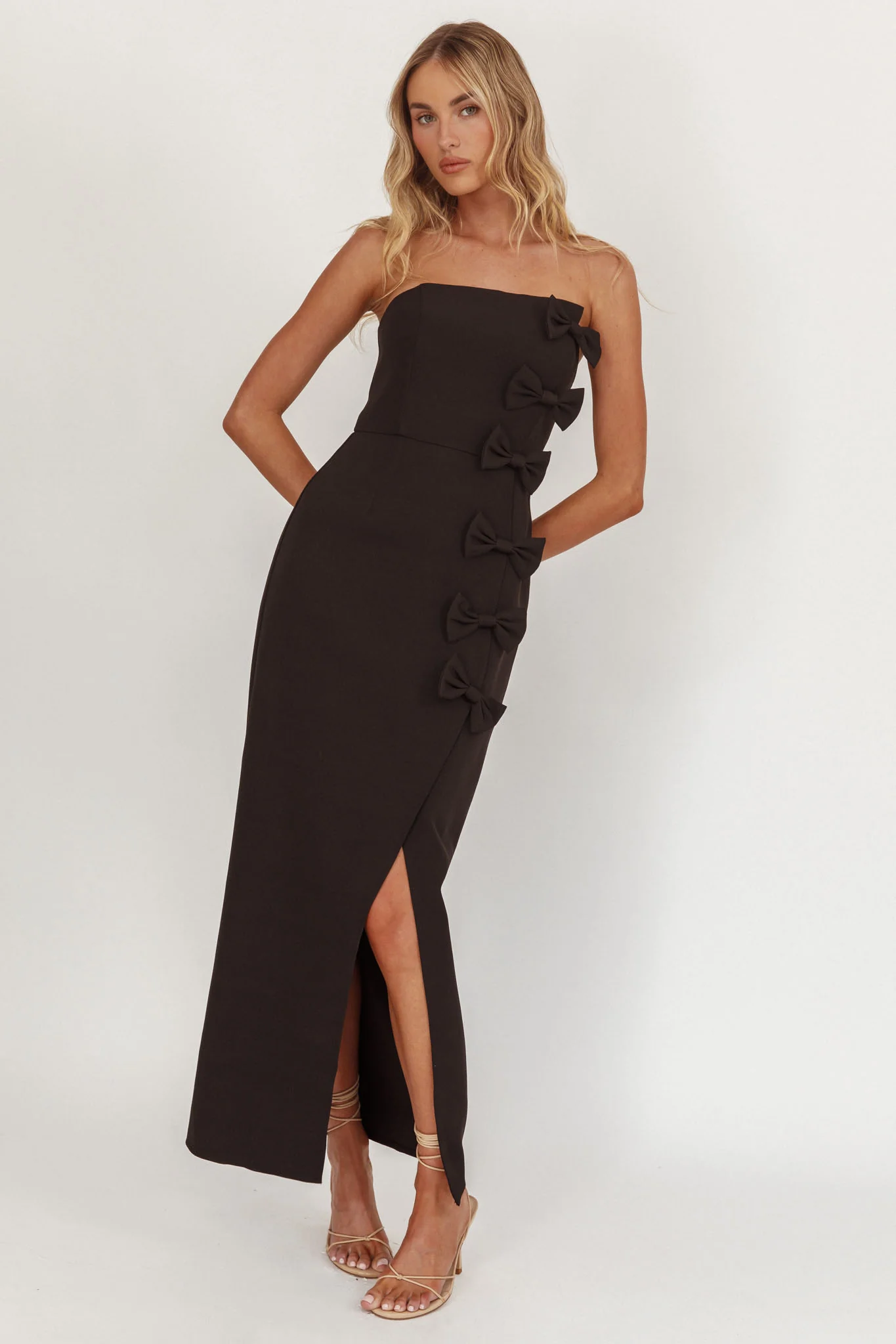 Samanntha Strapless Bow Detail Midi Dress Black - Sonourner