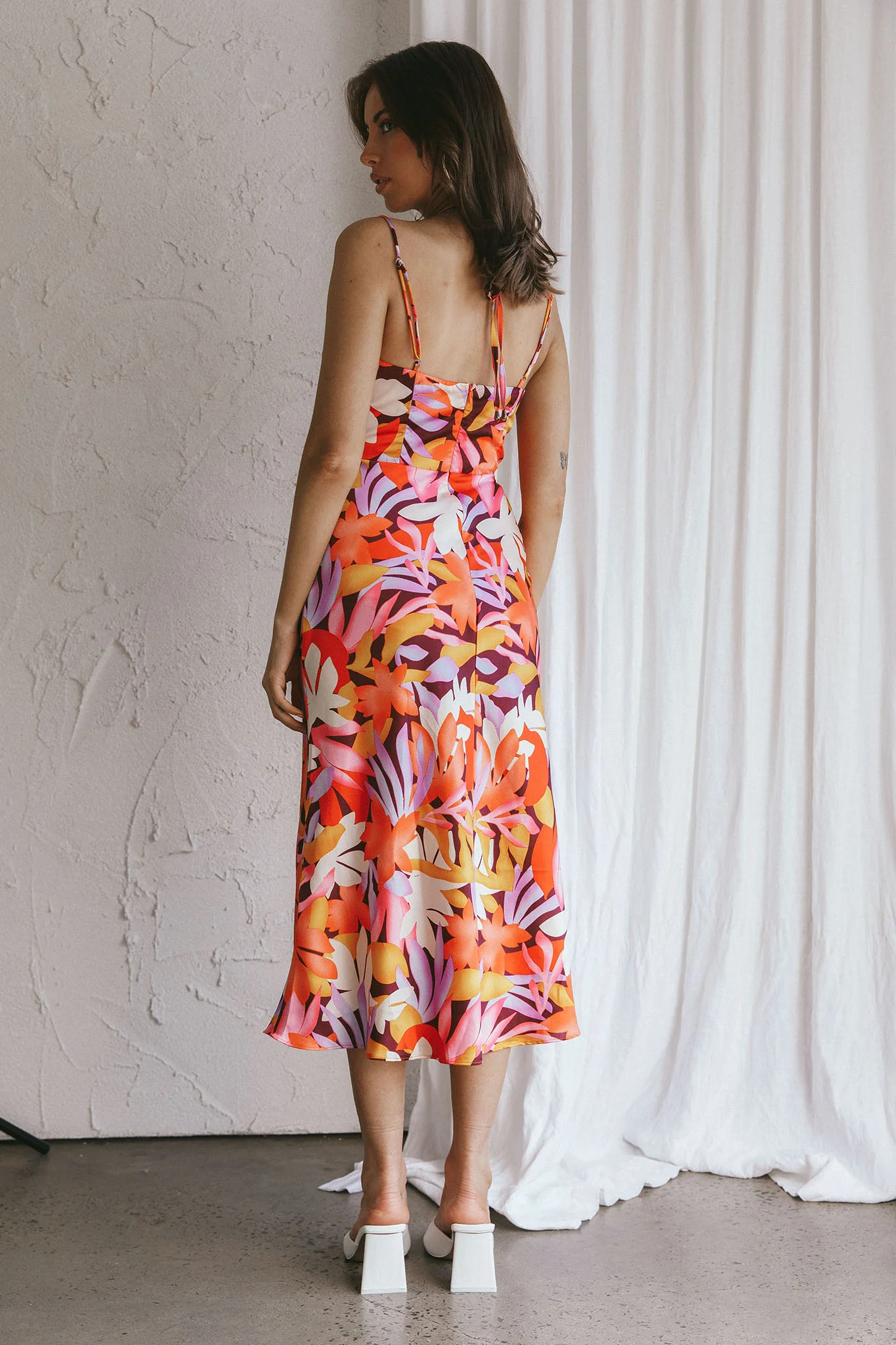 Emmalie Satin Midi Dress Floral Orange - Sonourner