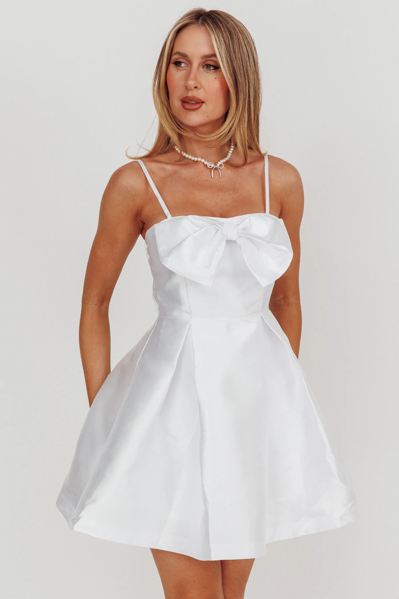 Love Talk Flared Bow Mini Dress White - Sonourner