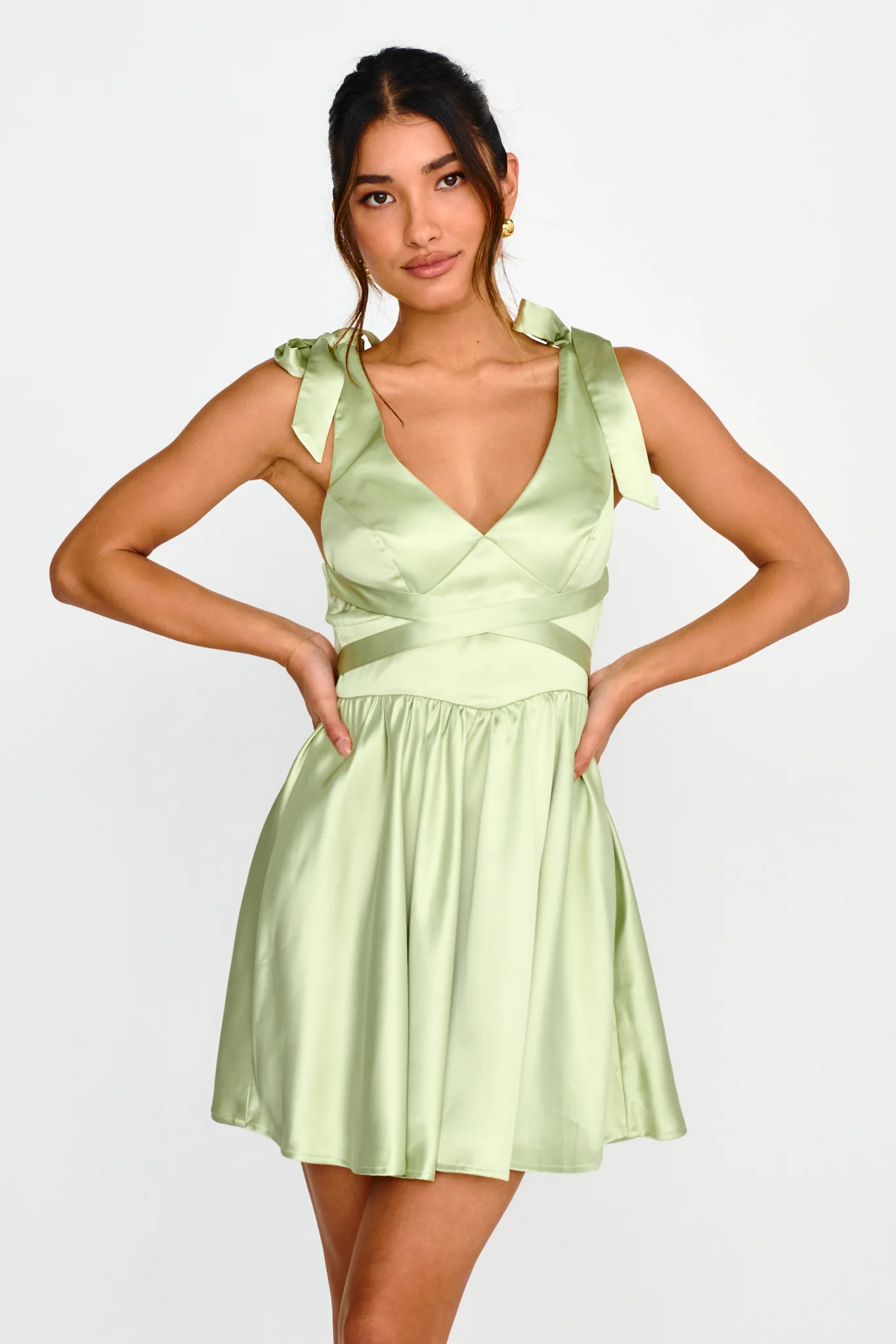 Majesty Tied Shoulder Mini Dress Lime - Sonourner