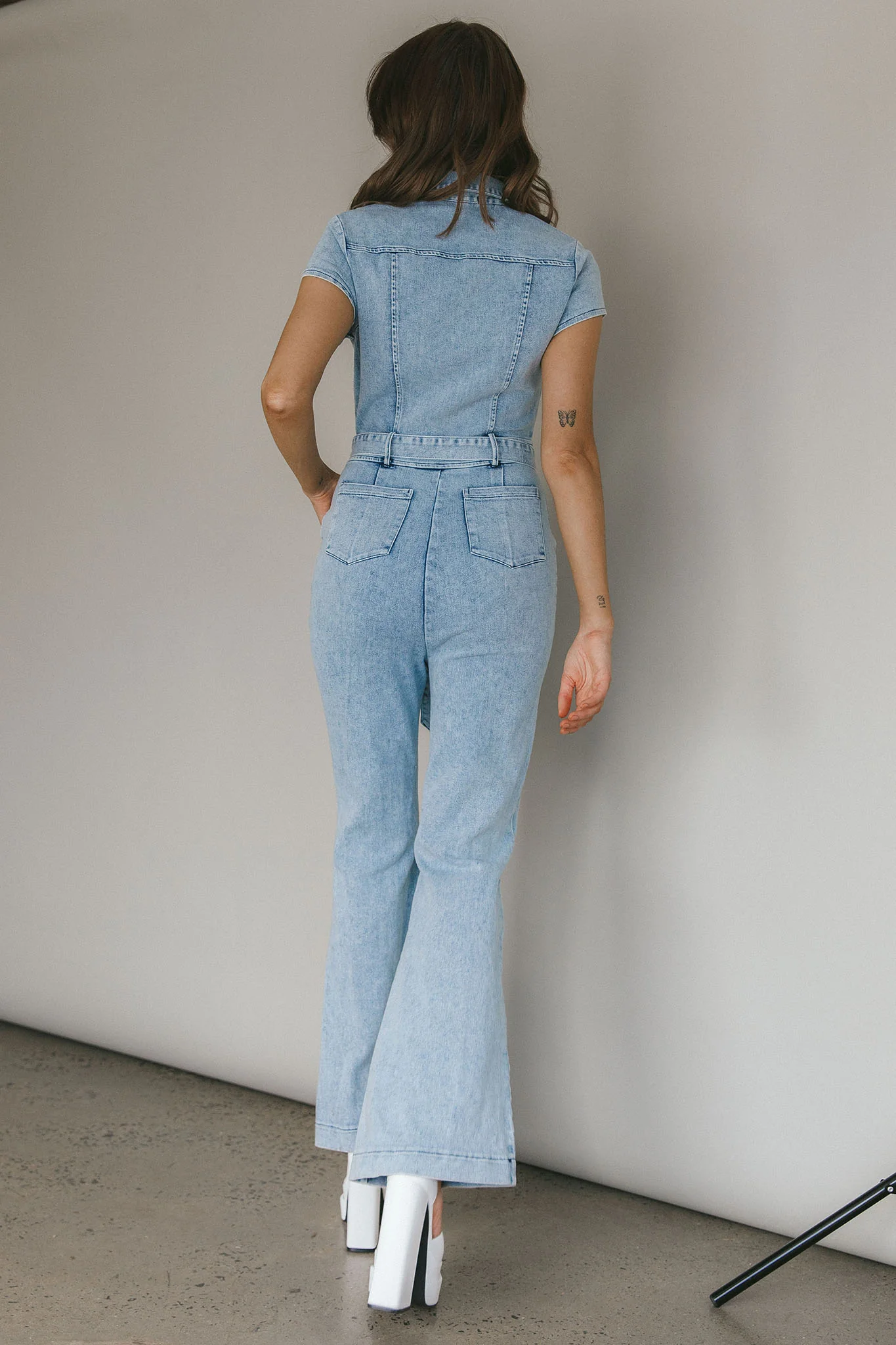 California Girl Short Sleeve Waist Tie Jumpsuit Denim Blue - Sonourner