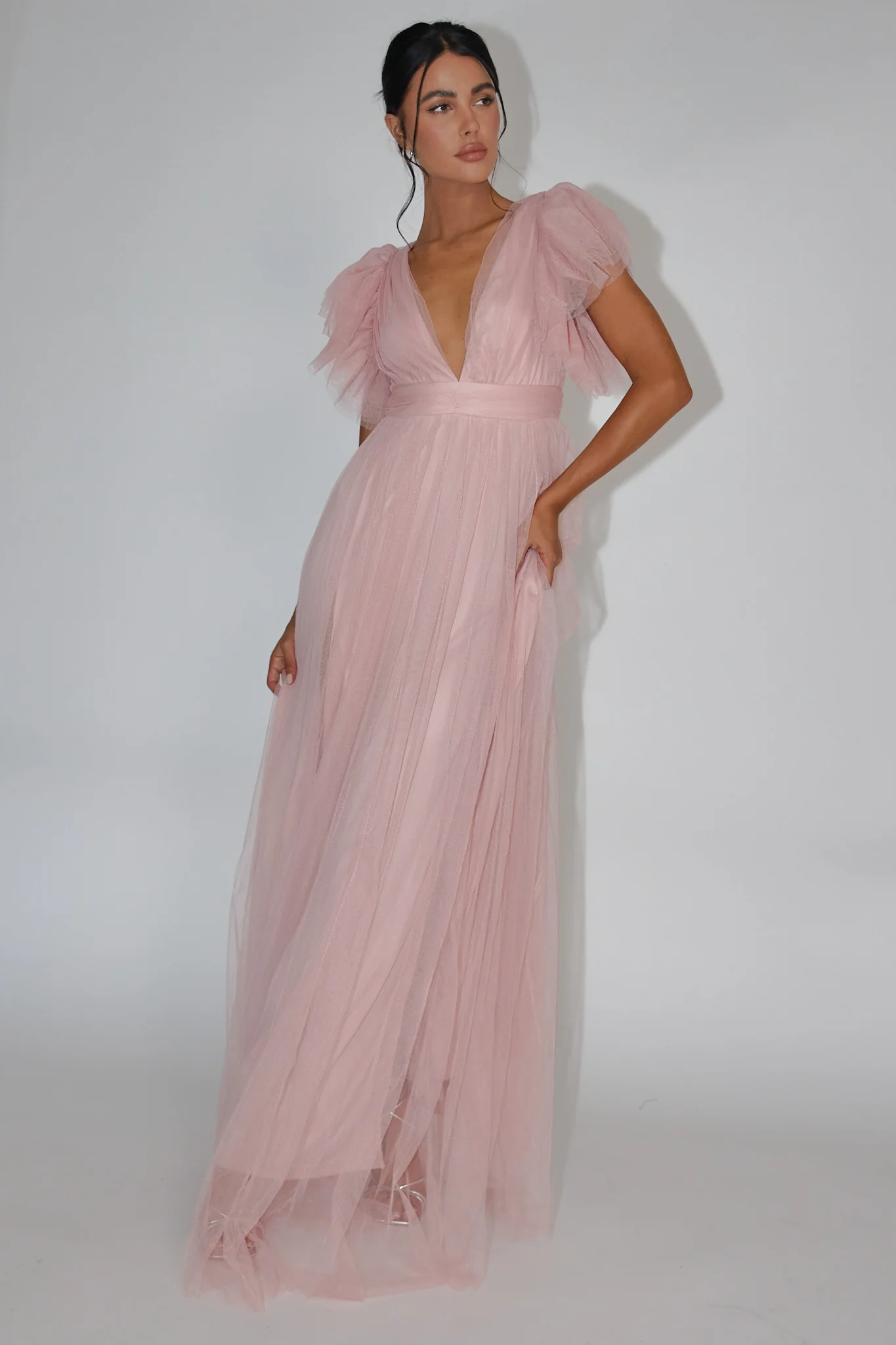 Heaven's Love Deep V-Neck Tulle Maxi Dress Blush - Sonourner