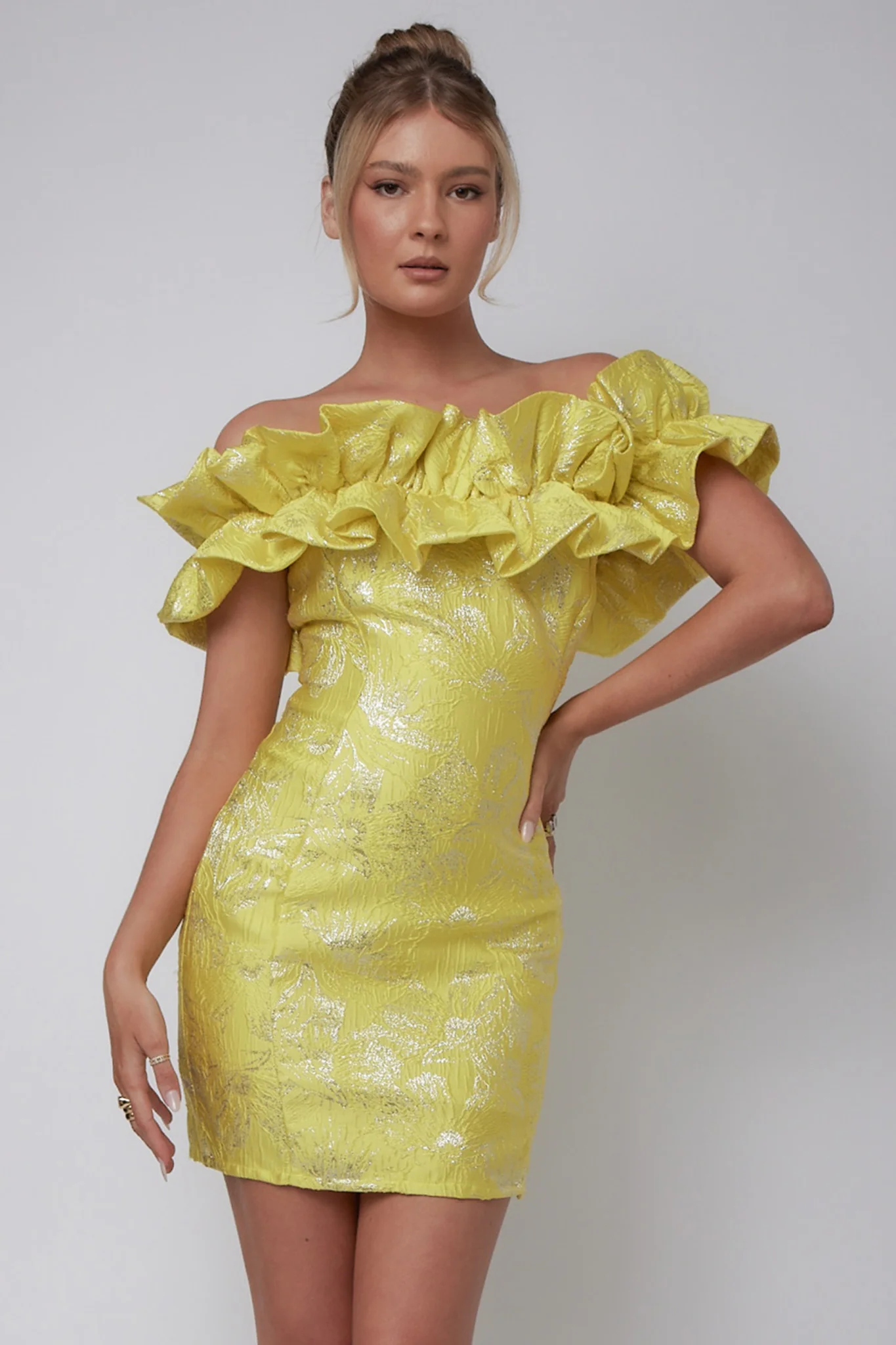 Memoire Off-Shoulder Jacquard Mini Dress Yellow - Sonourner