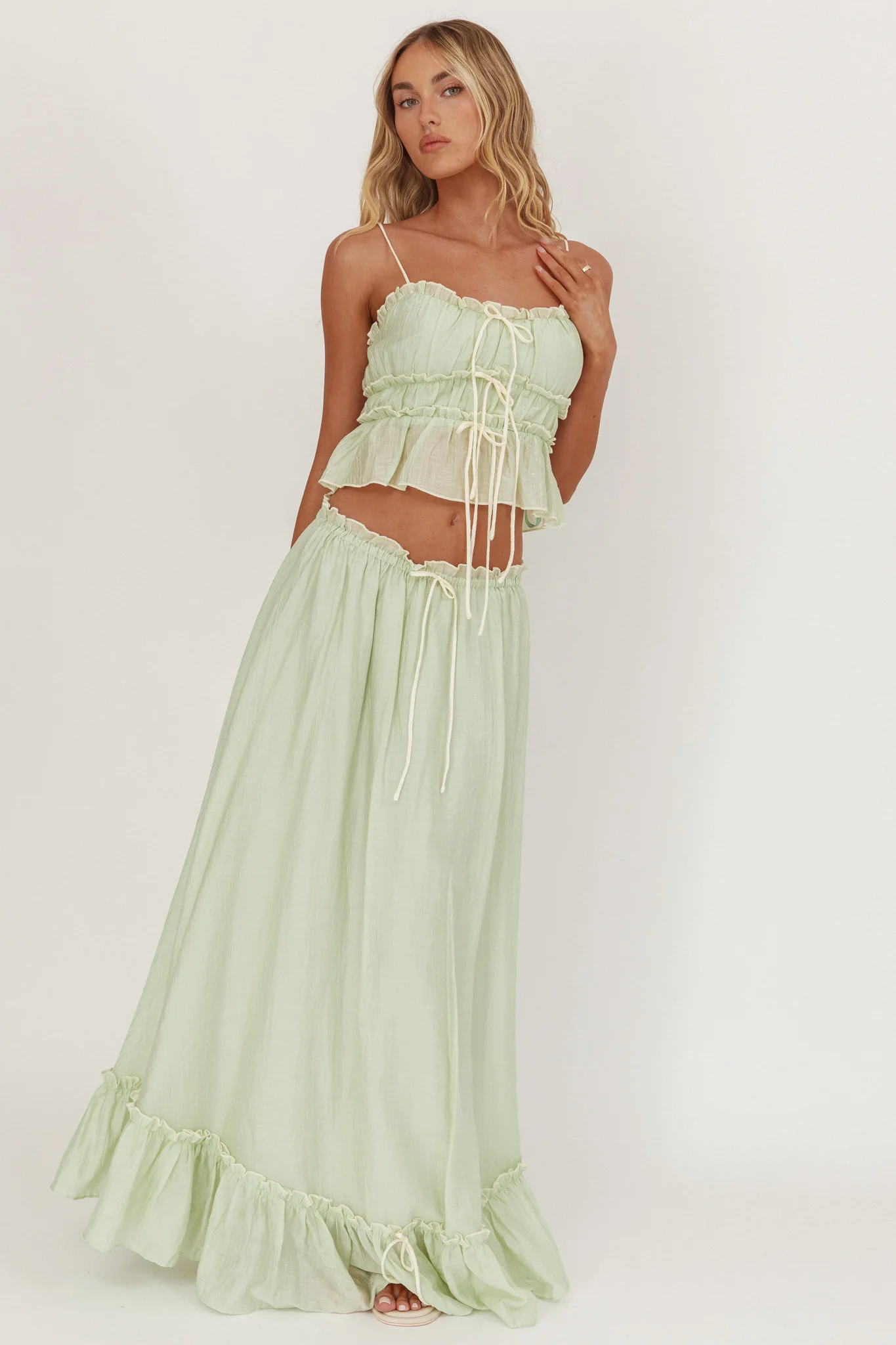 Maidens Tie Detail Overlock Maxi Skirt Sage - Sonourner