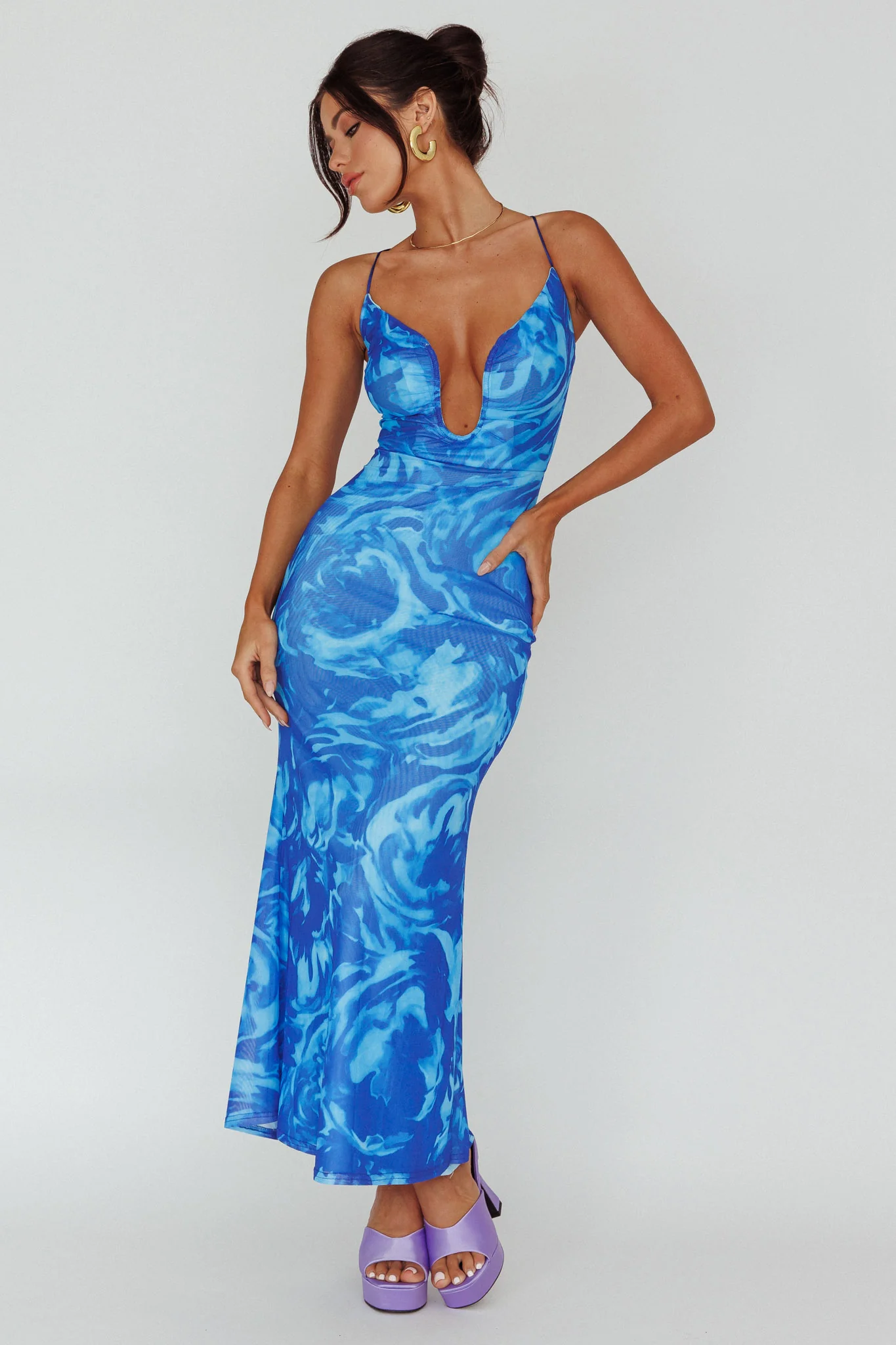 Nouveau U-Neckline Midi Dress Marbled Blue - Sonourner