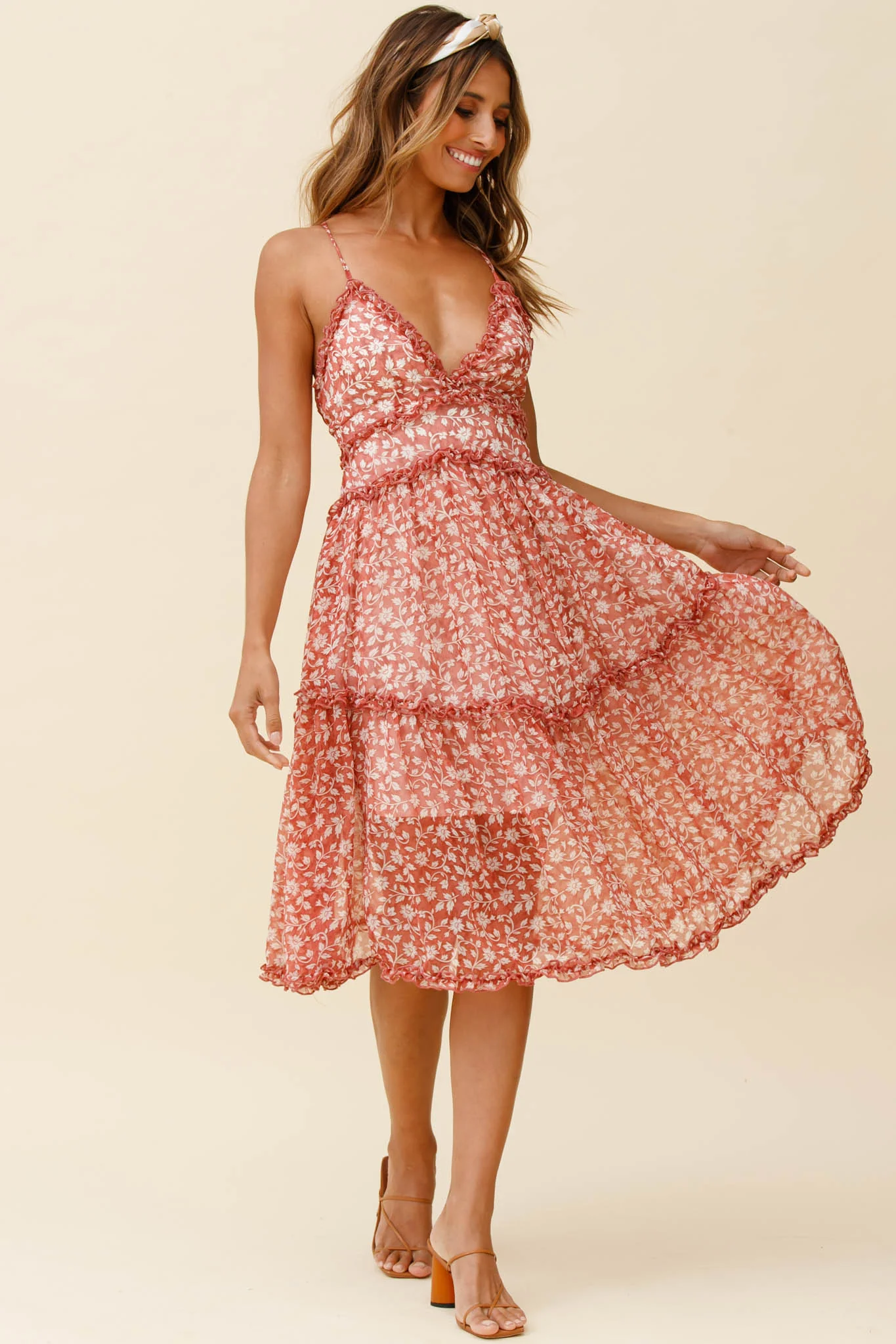 Laney Low Back Cami Strap Midi Dress Floral Print Rose - Sonourner