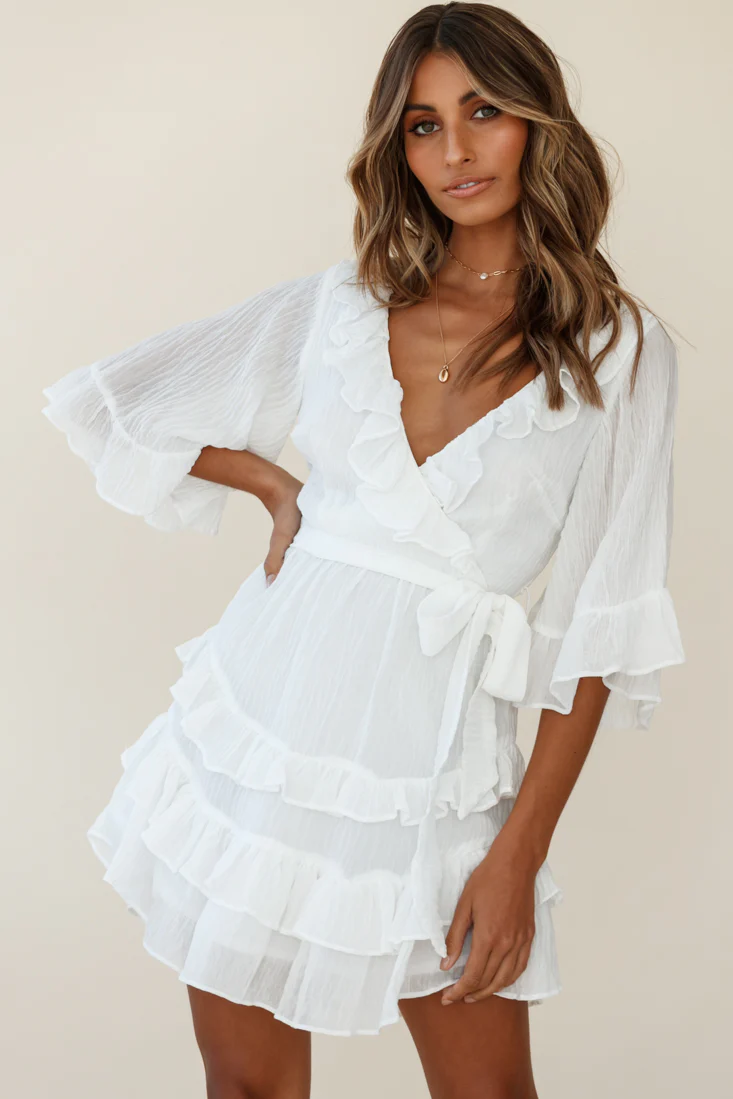 Time Will Tell Angel Sleeve Frill Detail Dress White - Sonourner