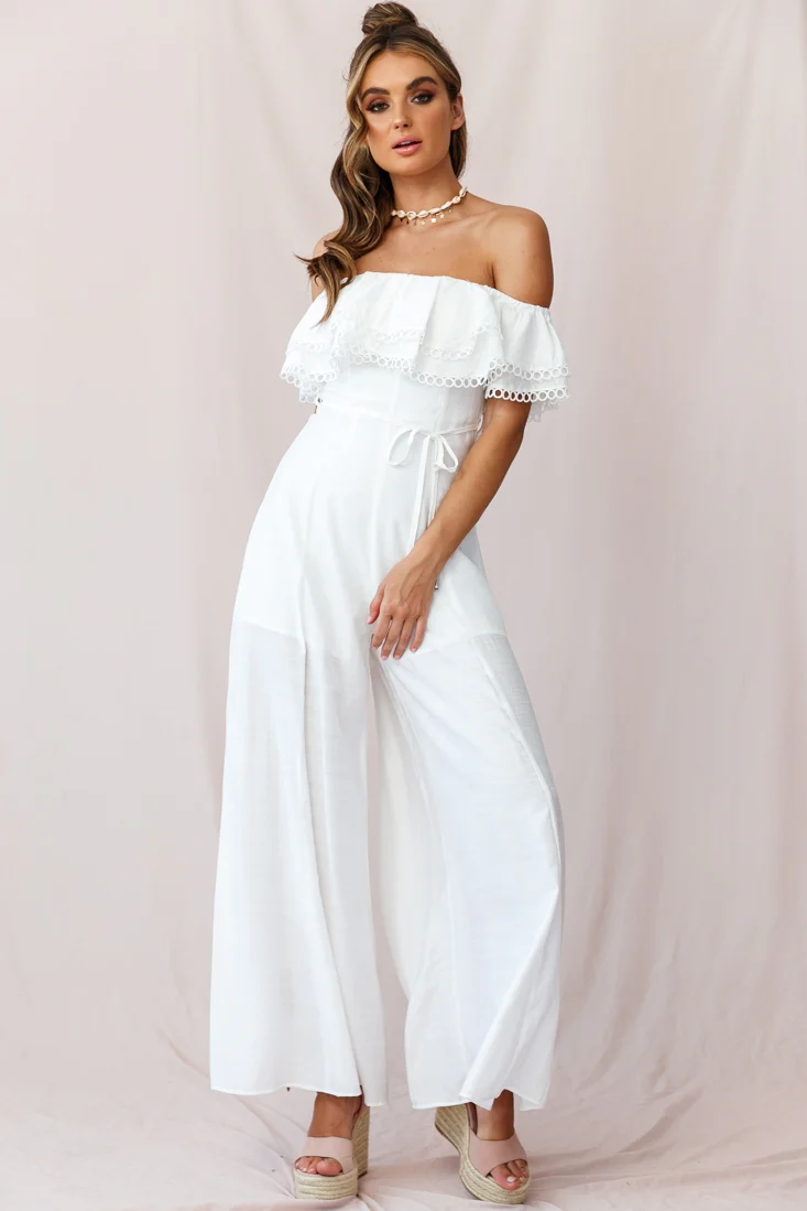 Beloved Off-Shoulder Wide Leg Jumpsuit White - Sonourner