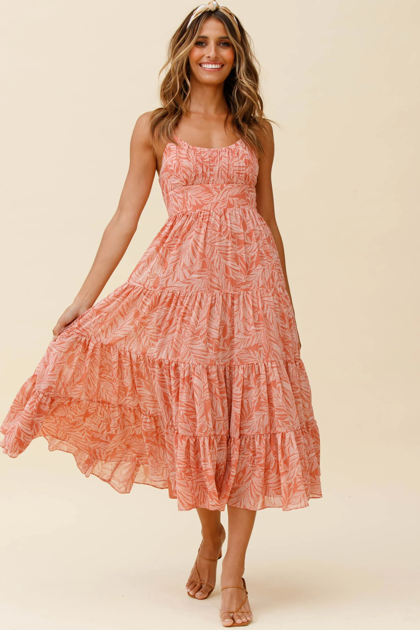 Eternal Sunshine Gathered Bust Maxi Dress Leaf Print Pink - Sonourner