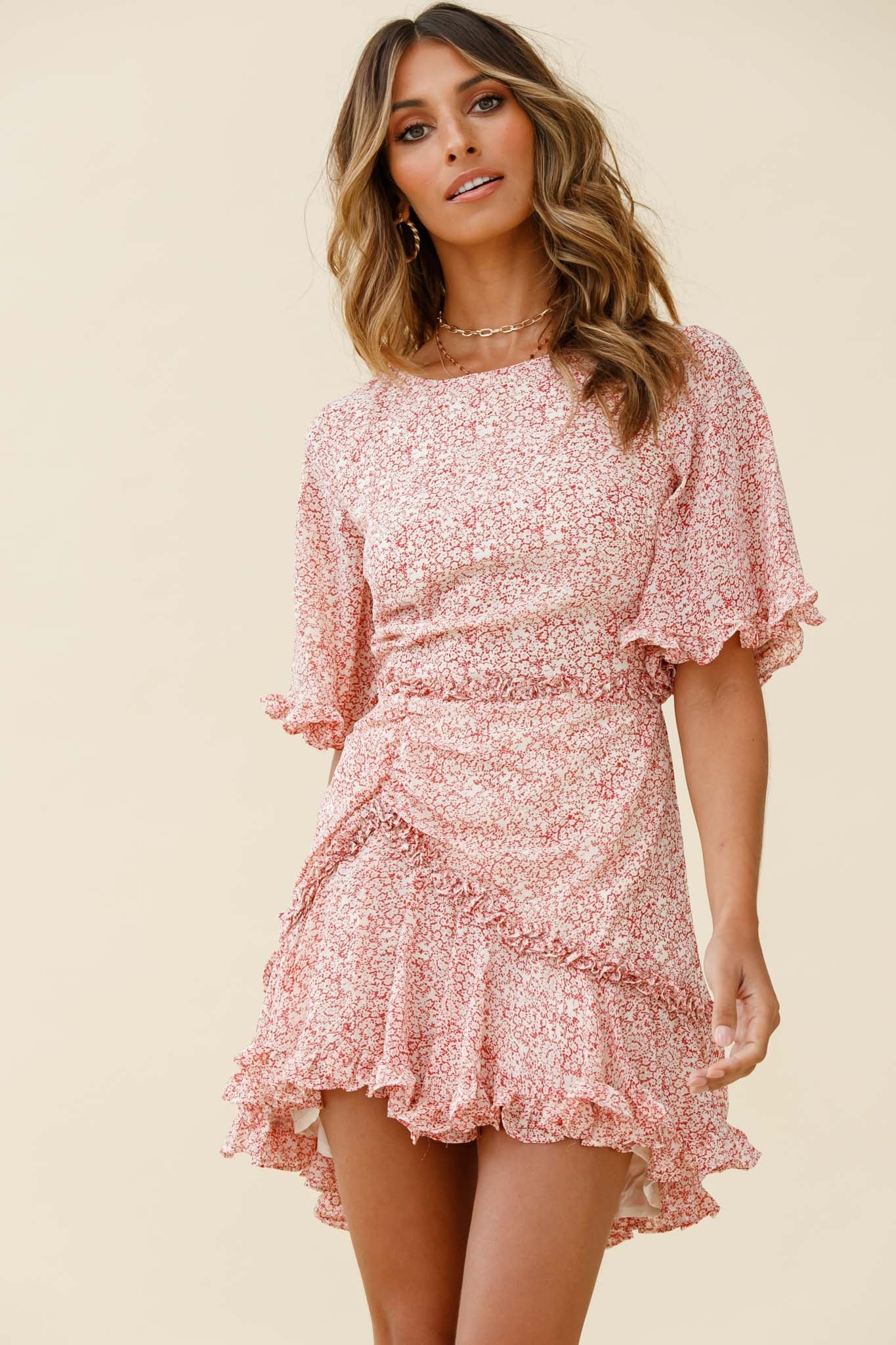 Leona Half Sleeve Frill Trim Dress Floral Print Red - Sonourner