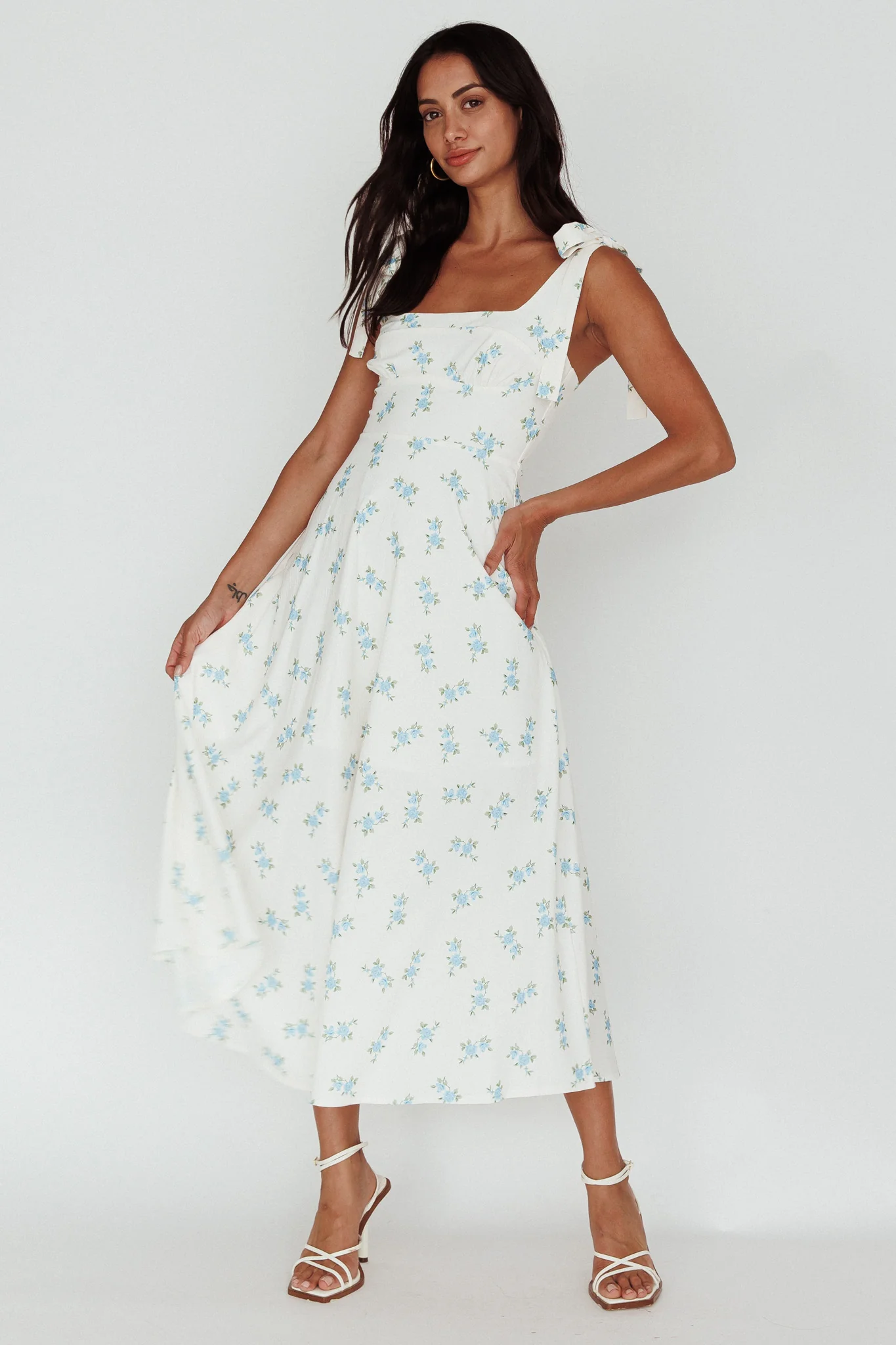 Mathilda Tied Shoulder Midi Dress Blue Floral - Sonourner