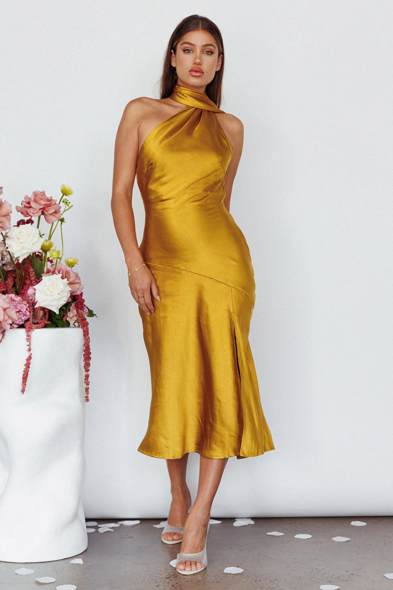 Italian Summer Tie Neck Midi Dress Mustard - Sonourner