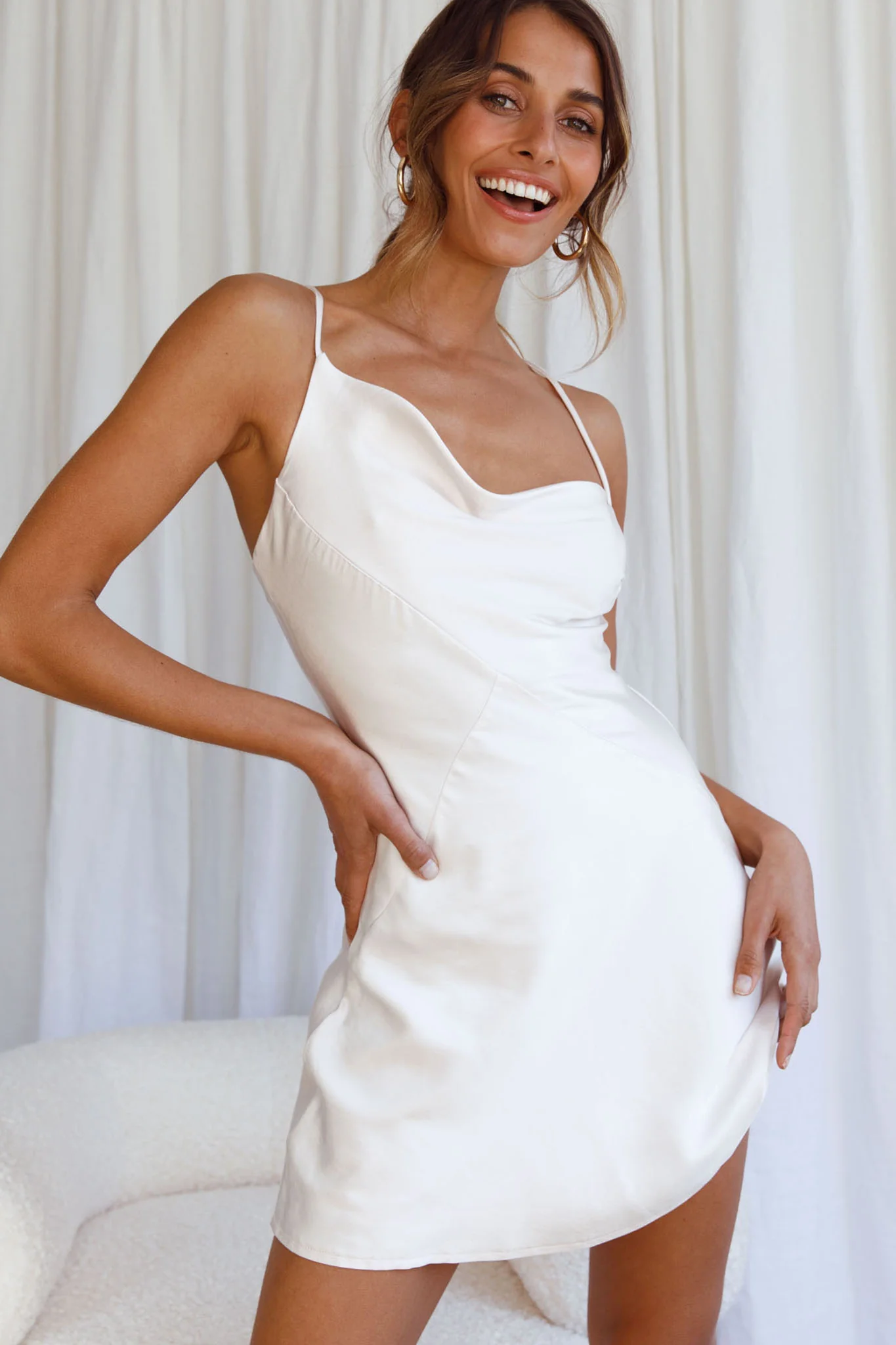 Sorrento Asymmetrical Neckline Mini Slip Dress Champagne - Sonourner