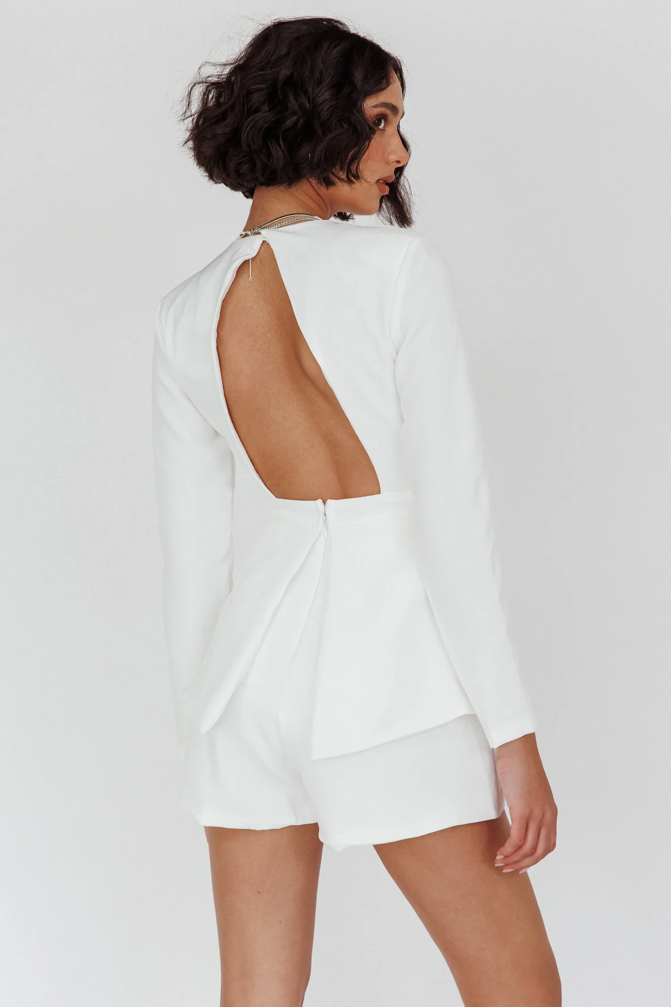 Kamanah Long Sleeve Plunging Neckline Romper White - Sonourner