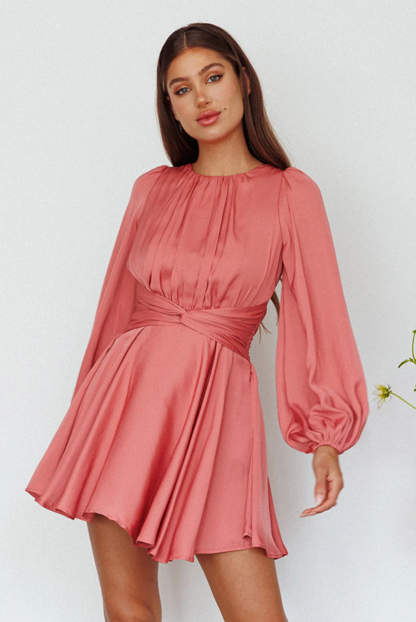Leia Long Sleeve Waist Tie Mini Dress Rose - Sonourner