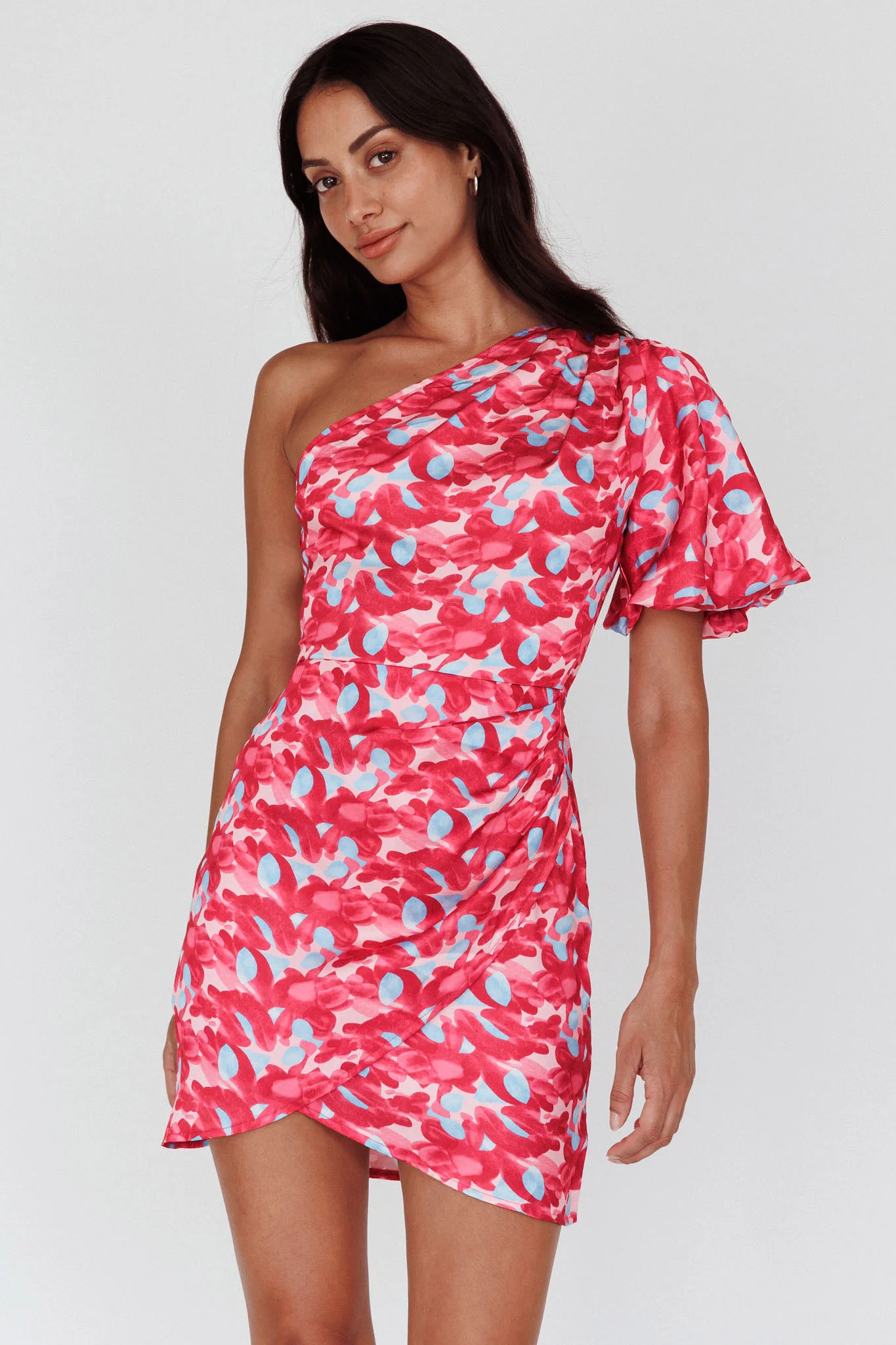 Krishna One-Shoulder Puff Sleeve Mini Dress Pink - Sonourner