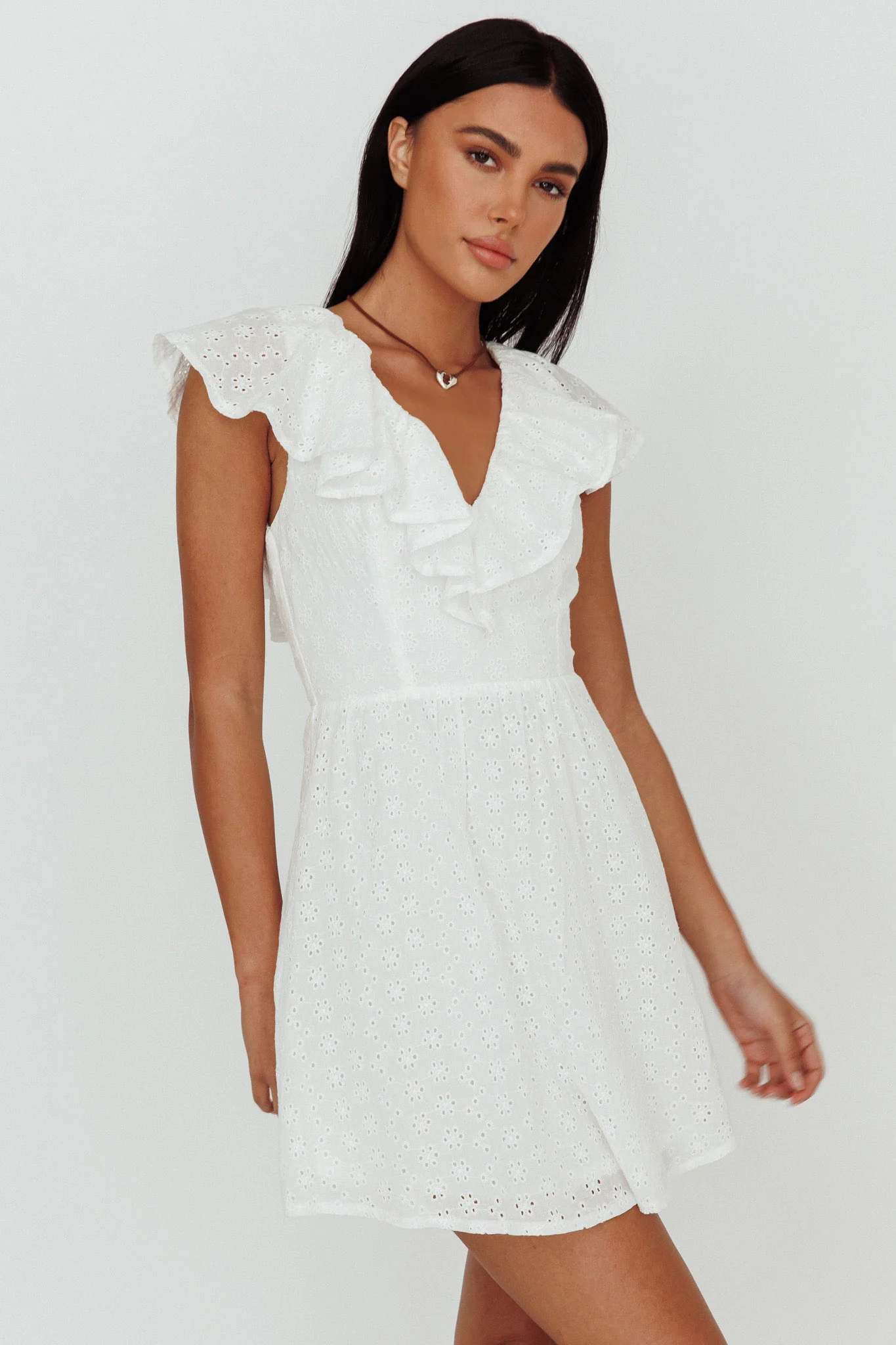 Kiarah Eyelet Ruffle Mini Dress White - Sonourner