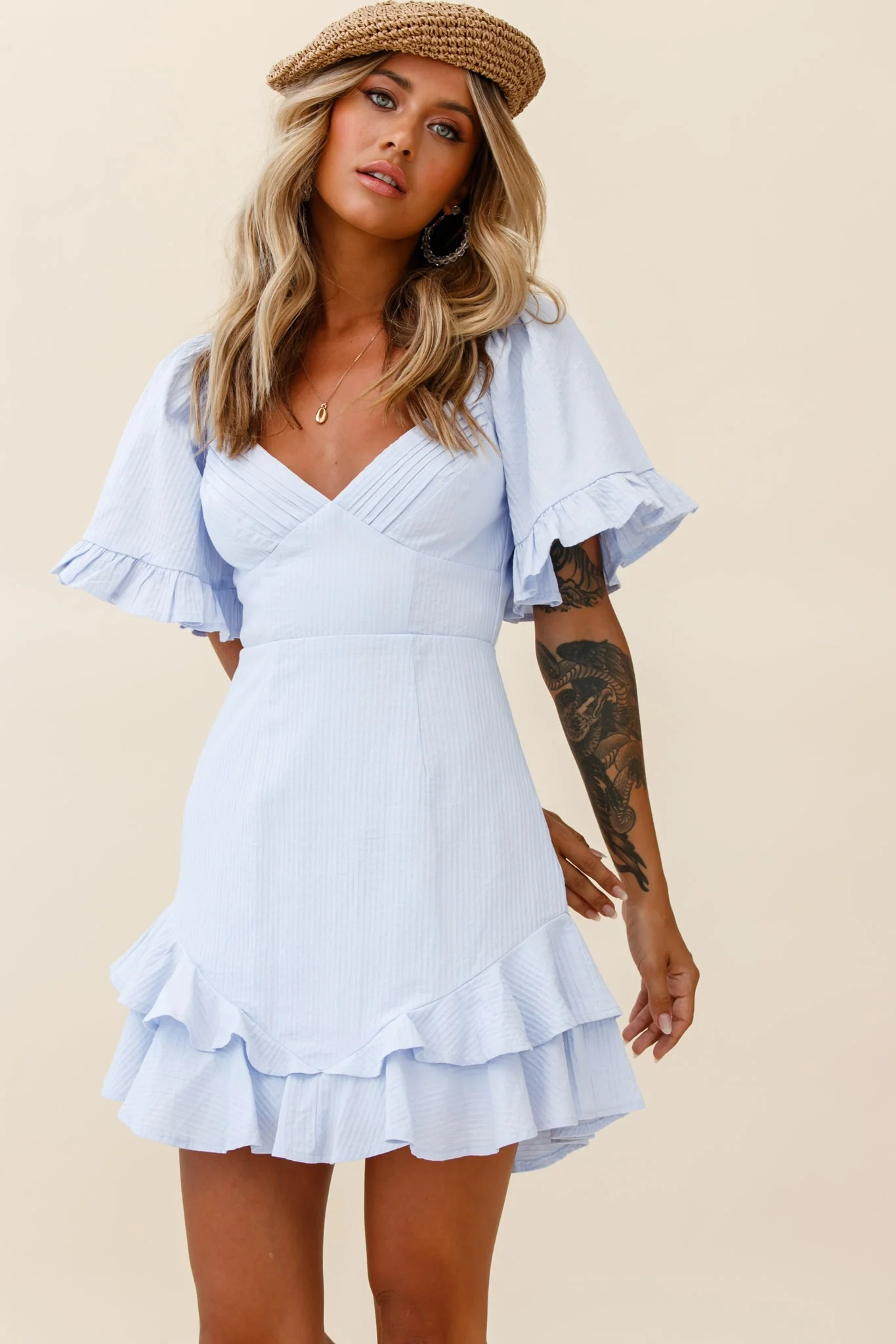 Corina Pleated Bust V-Back Dress Steel Blue - Sonourner