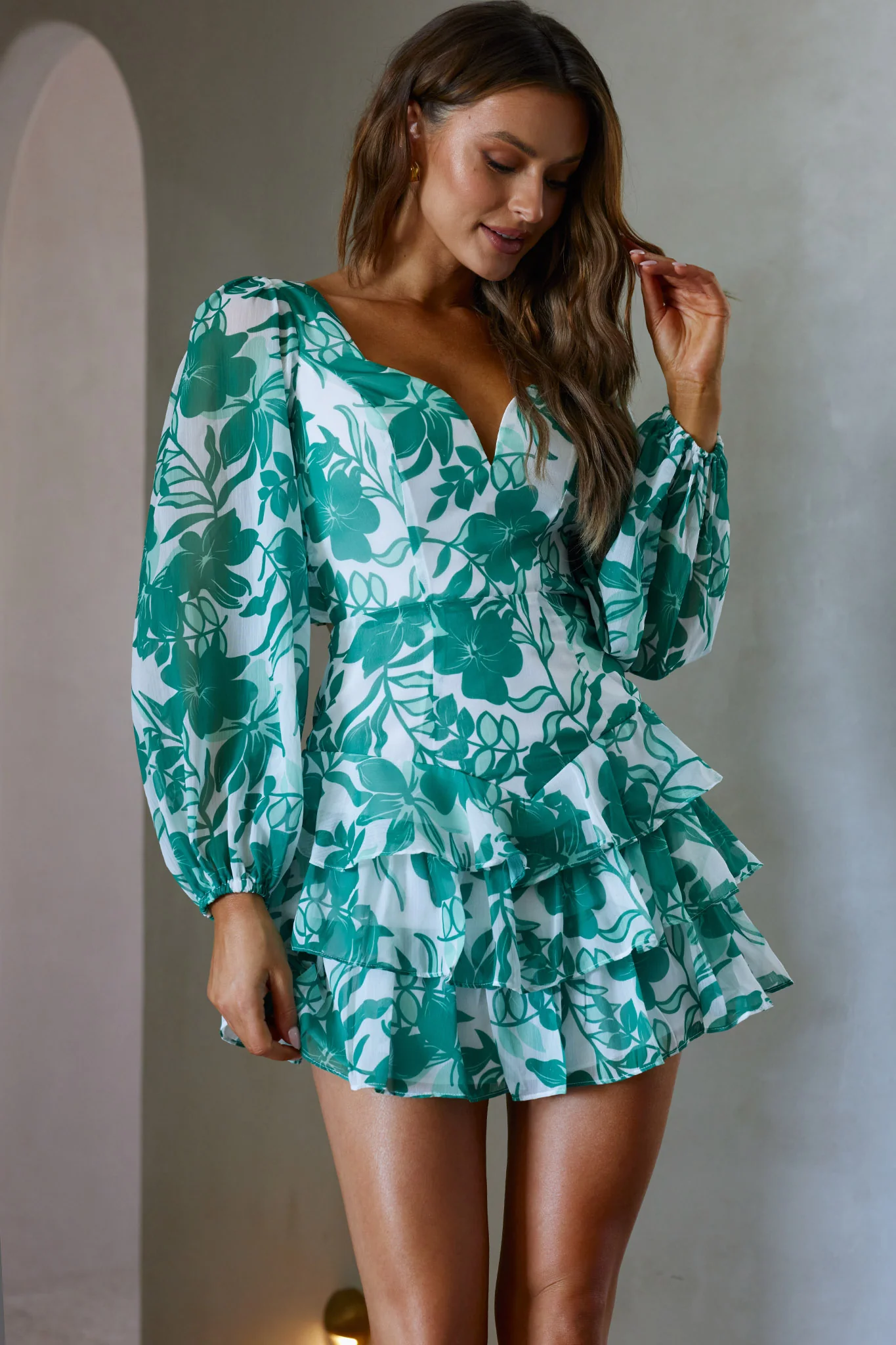 Romance Novel Long Sleeve Tied Back Floral Dress Green - Sonourner
