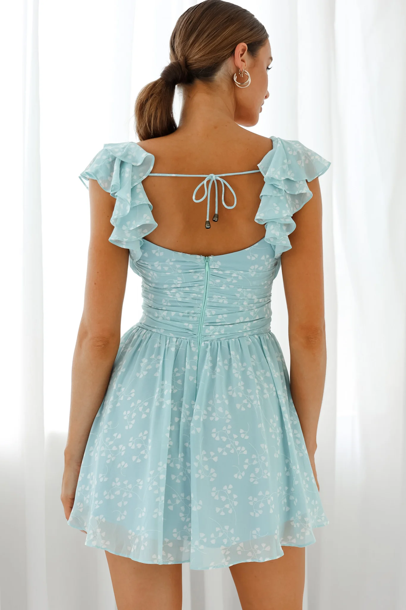 Lola Ruffle Shoulder Ruched Dress Leaf Print Blue - Sonourner