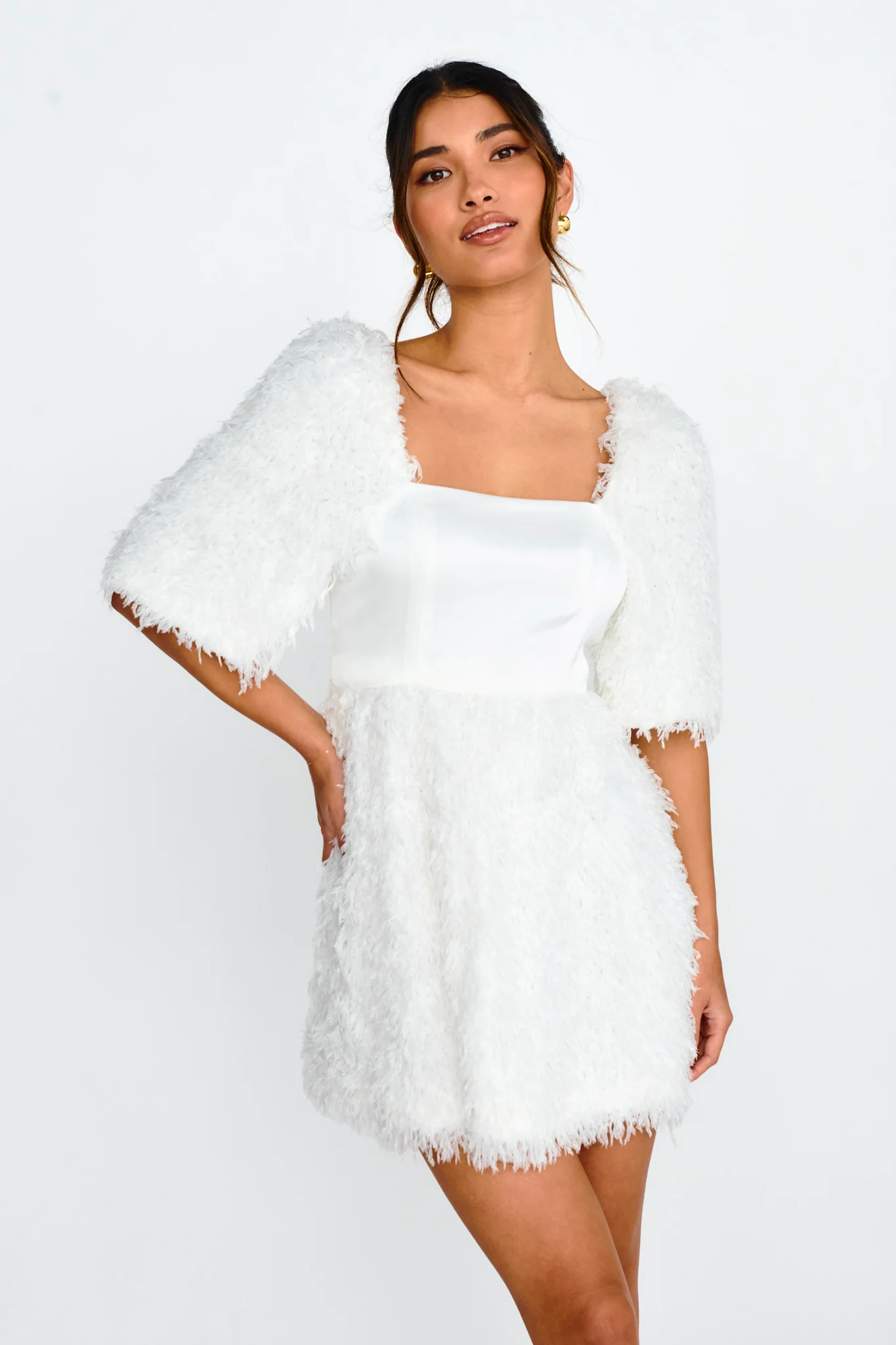 Snowflake Fuzzy Mini Dress Off White - Sonourner