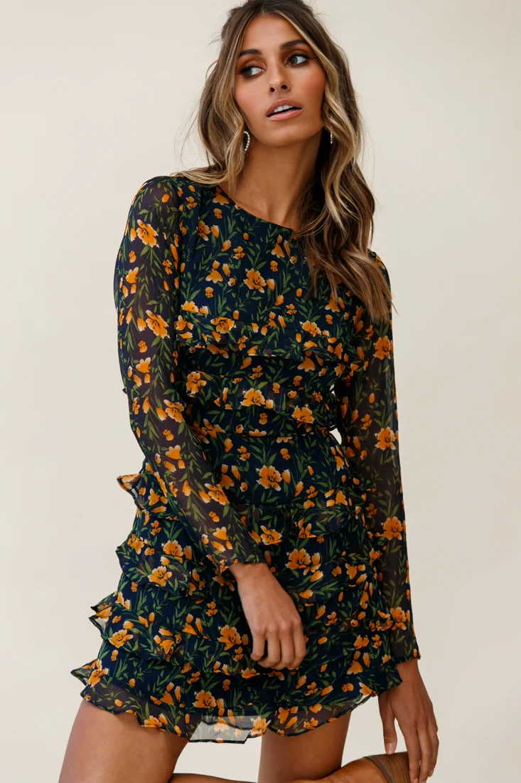 Charmaine Long Sleeve Tiered Frill Dress Floral Print Navy - Sonourner