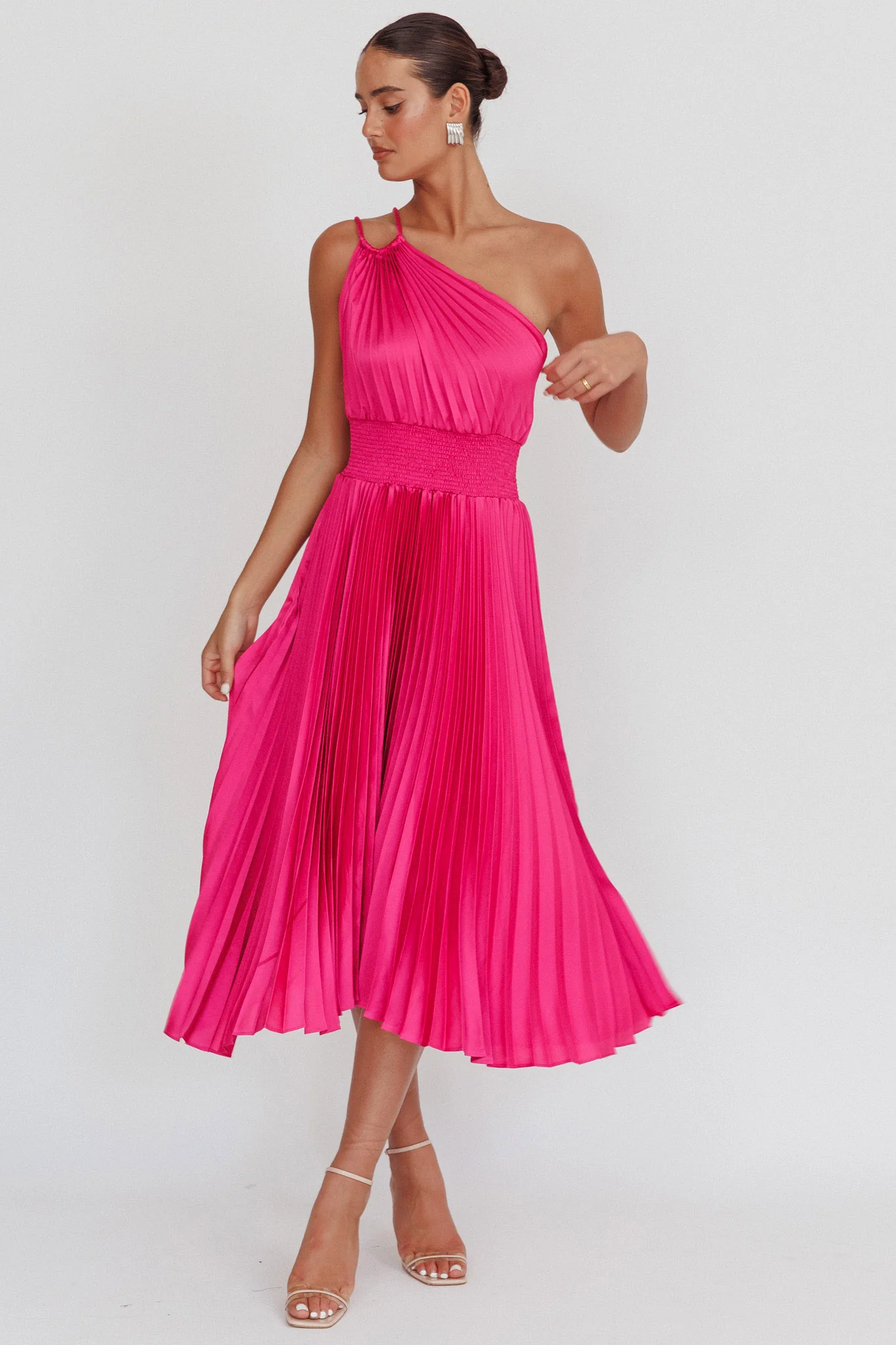 Calissa One Shoulder Pleated Midi Dress Magenta - Sonourner