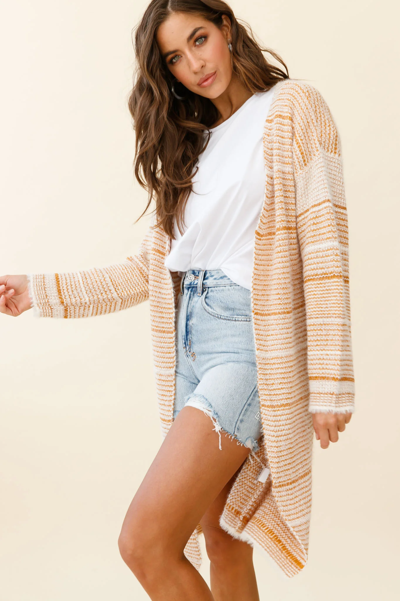 Moon Shine Fuzzy Knit Long Cardigan Striped Beige - Sonourner