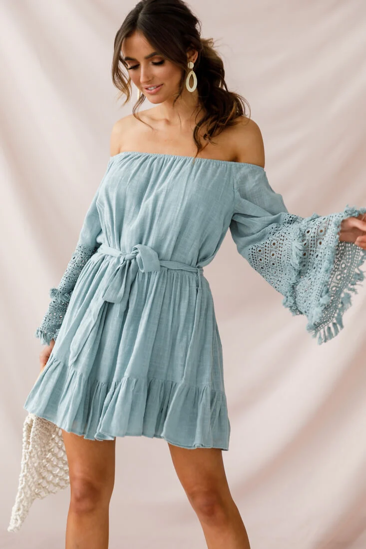 Mona Off-Shoulder Embellished Sleeve Dress Sage - Sonourner