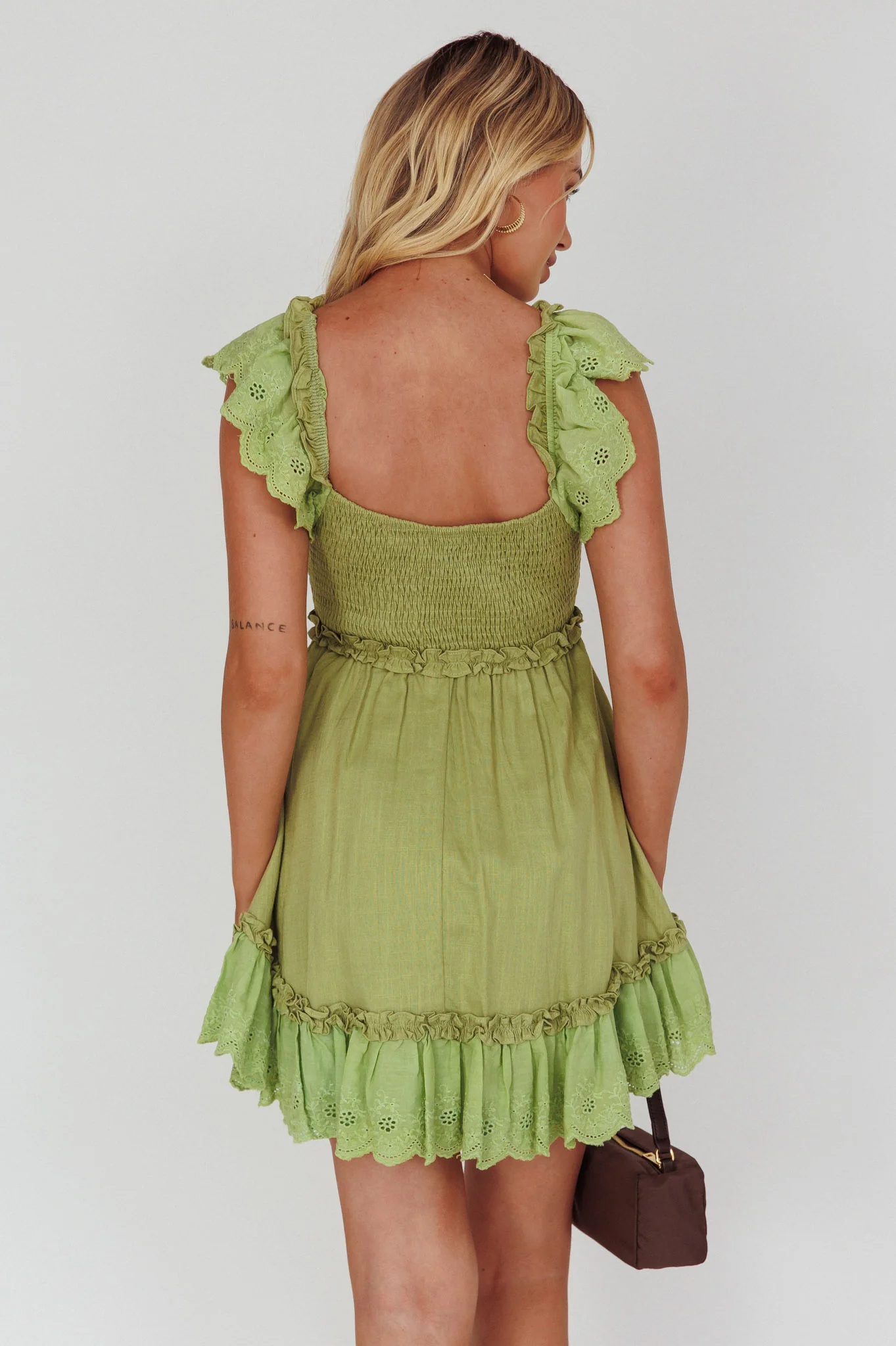 Bay Breeze Frill Shoulder Shirred Bodice Dress Olive - Sonourner