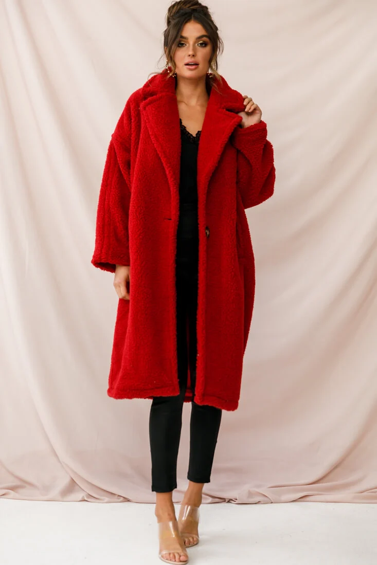 Berlin Notched Lapel Longline Fleece Coat Red - Sonourner
