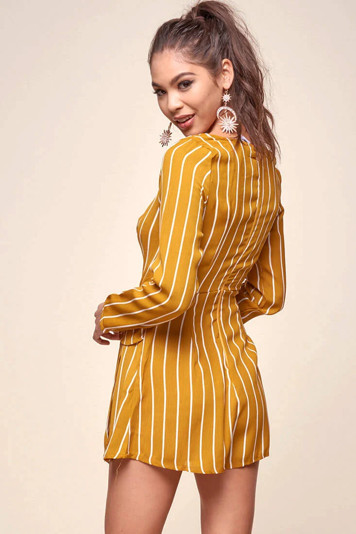 Abbey Waist Tie Pinstripe Romper Mustard & White - Sonourner