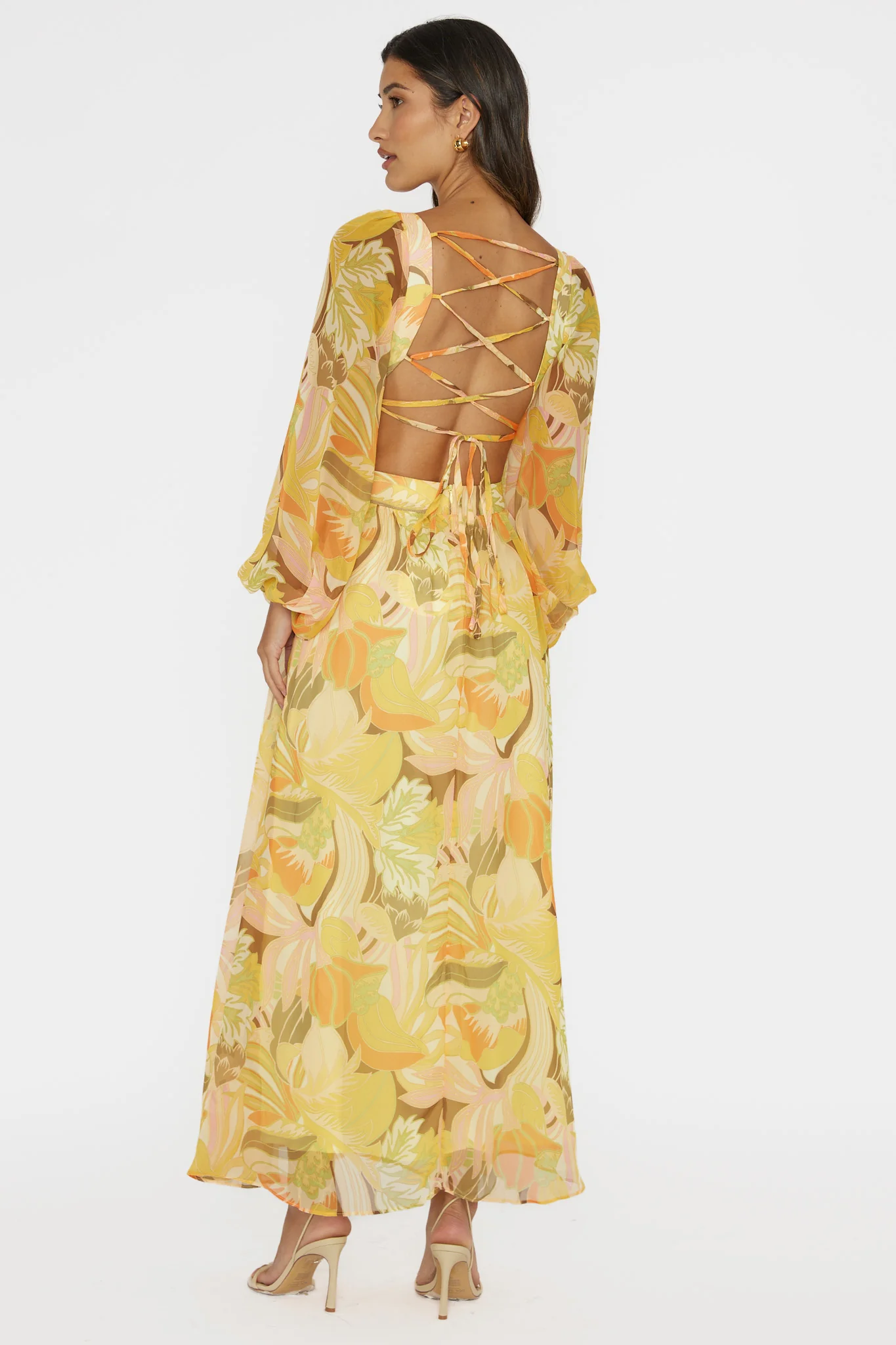 Maura Long Sleeve Lace-Up Back Dress Floral Yellow - Sonourner