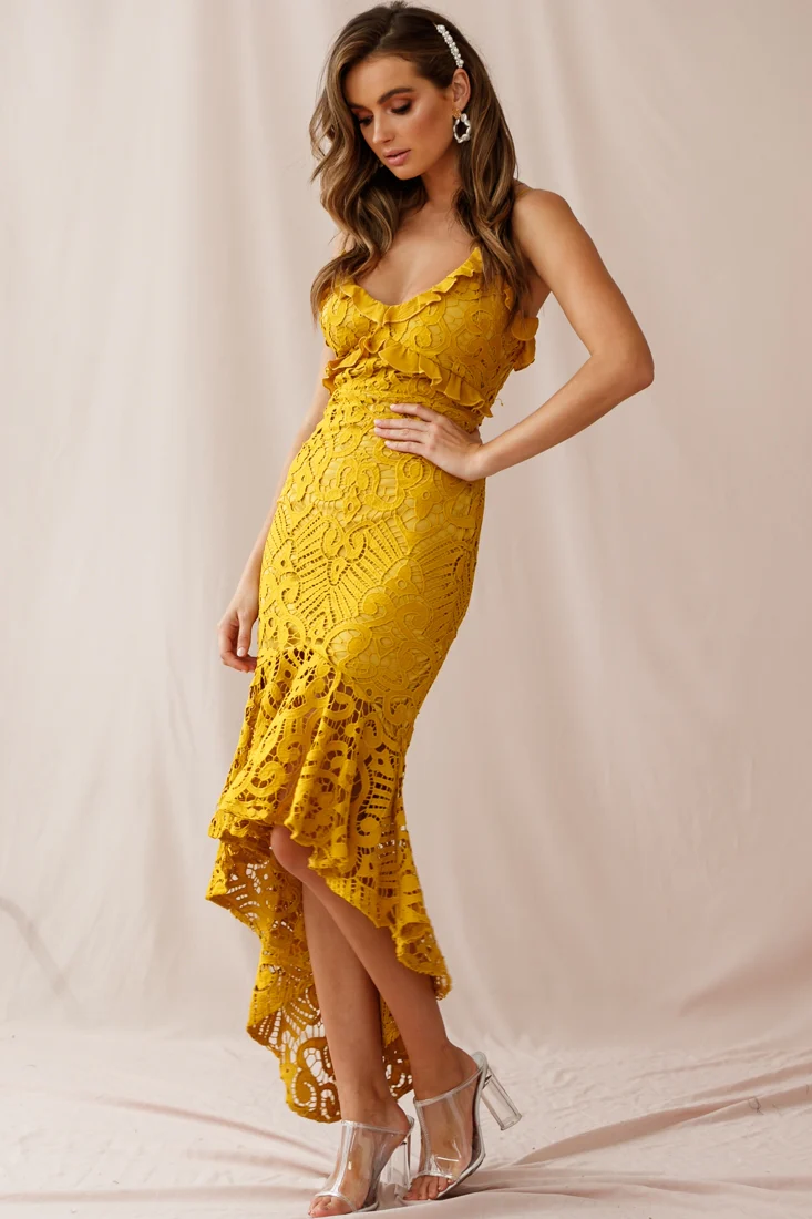 Shakeera High-Low Hem Lace Dress Mustard - Sonourner