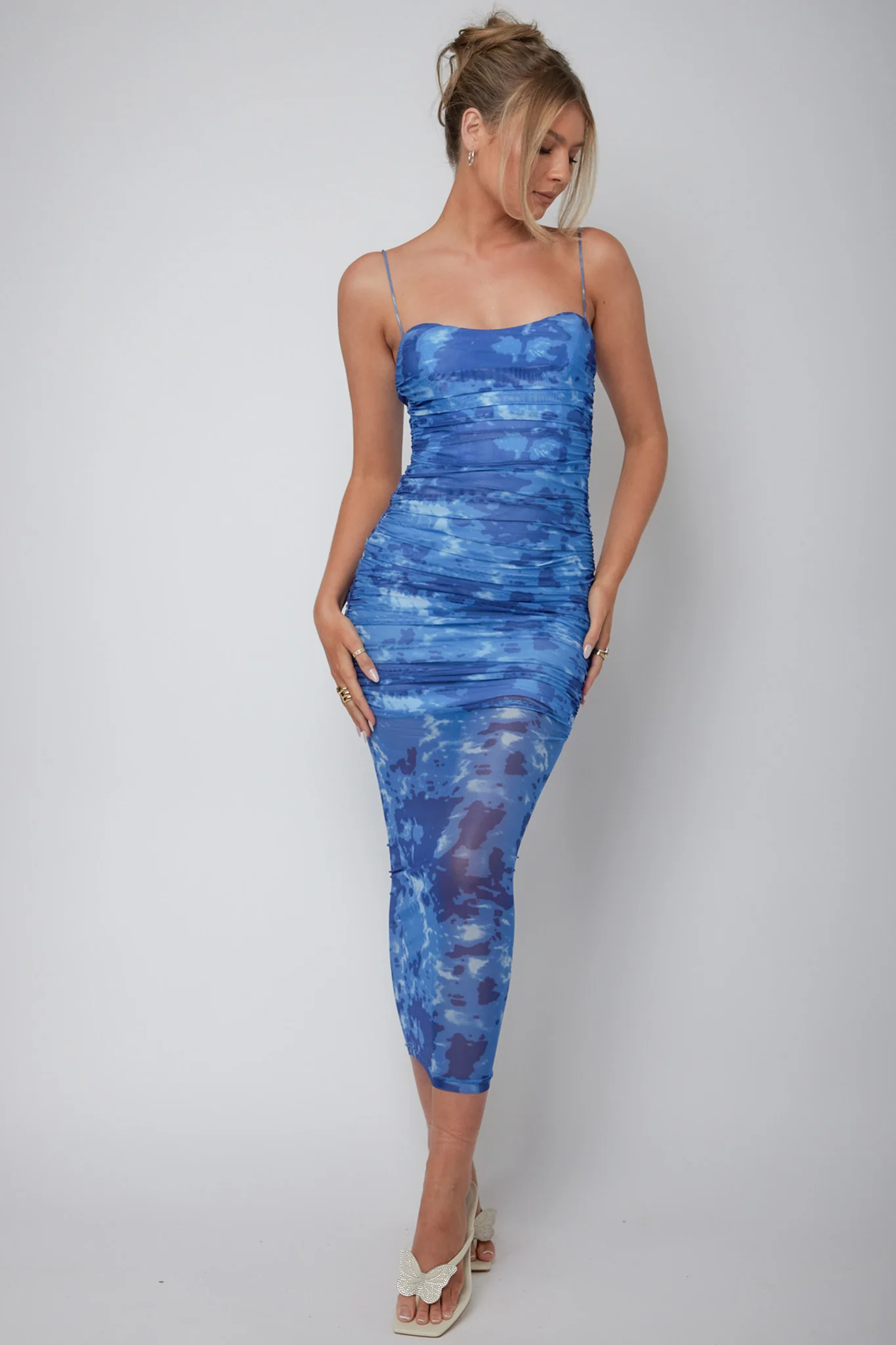 Logan Ruched Midi Dress Mottled Blue - Sonourner