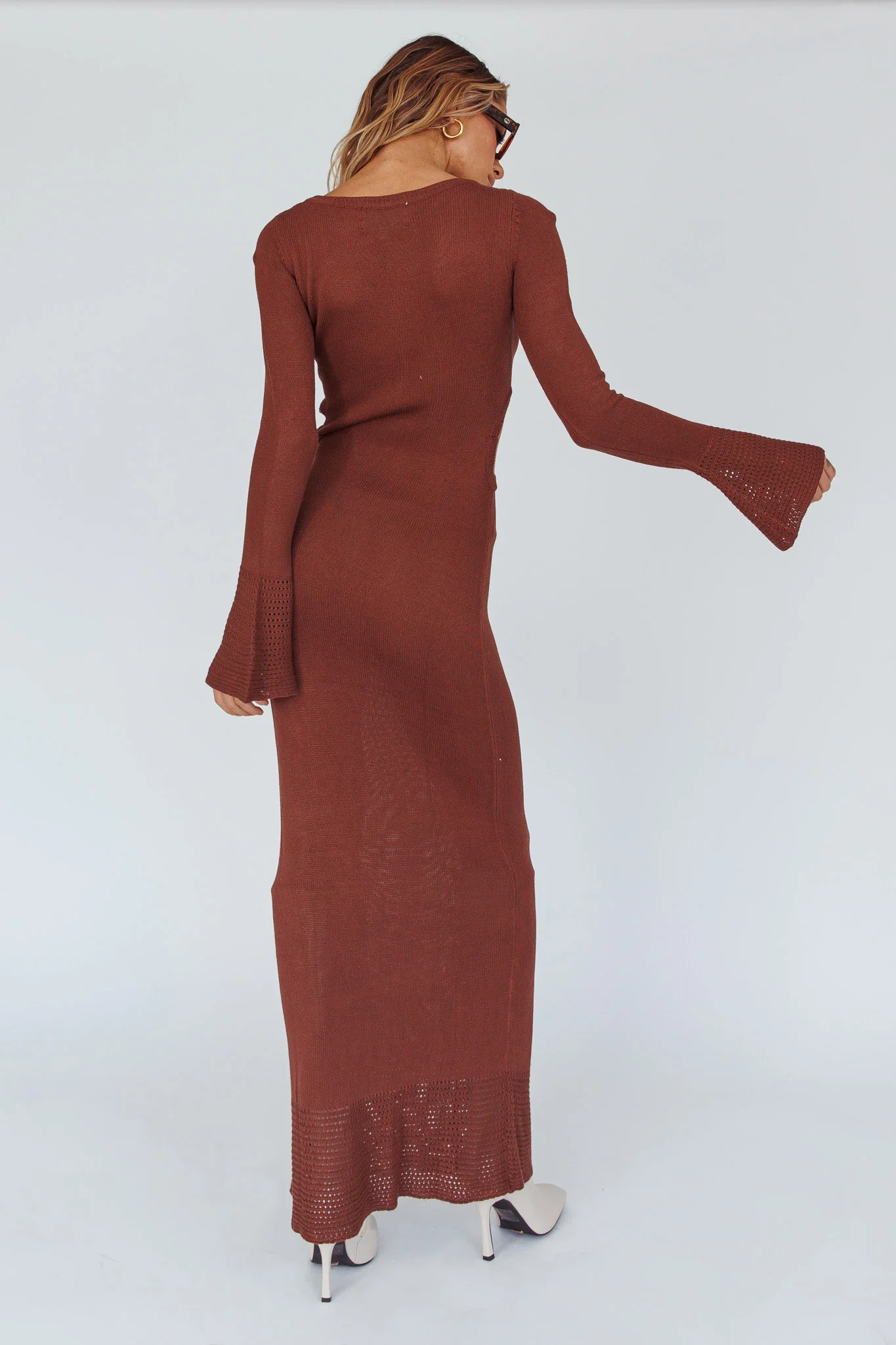 Long Sleeve Cut-Out Knit Maxi Dress Coffee - Sonourner
