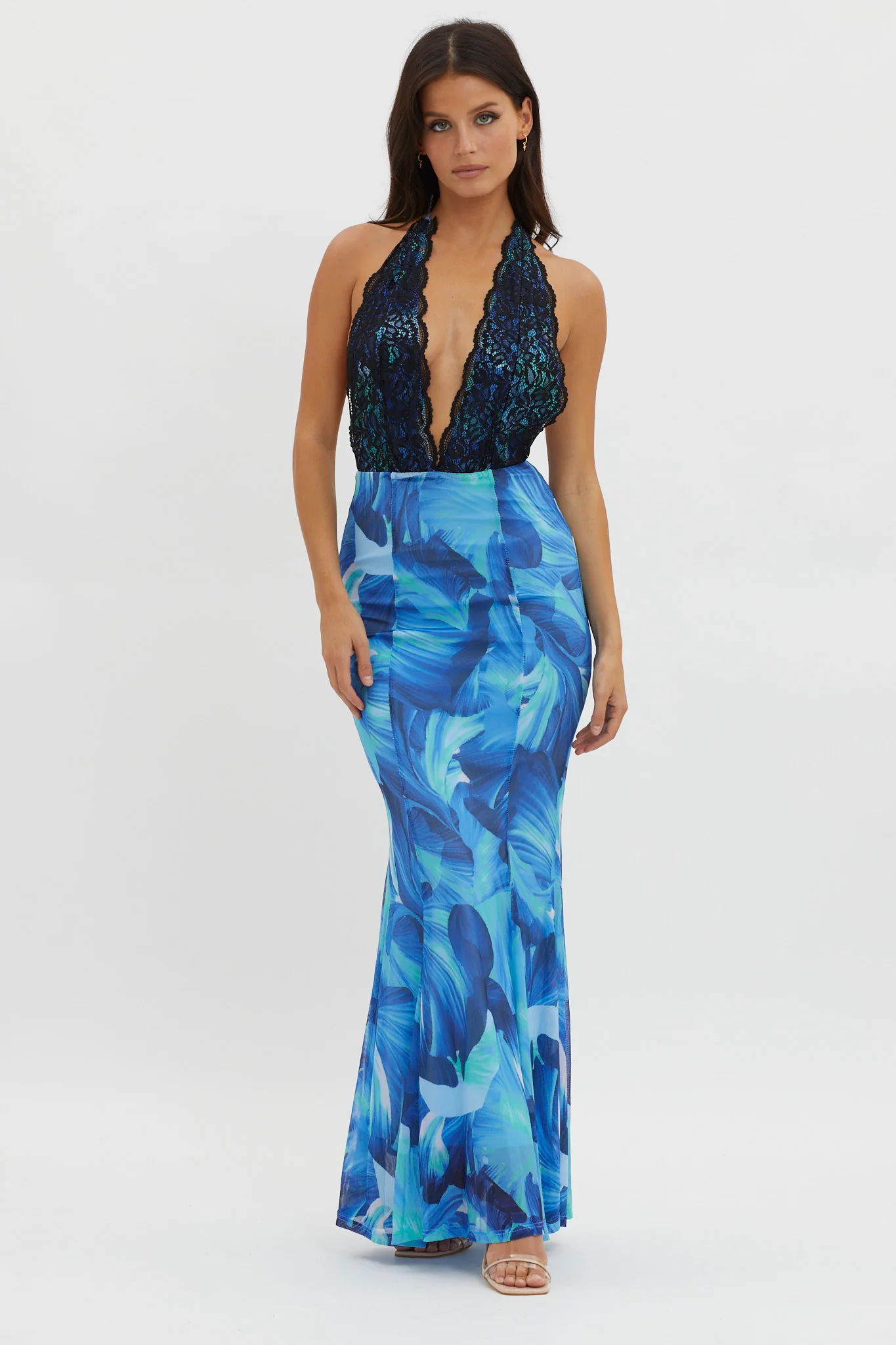 Mayah Lace Halterneck Maxi Dress Abstract Blue - Sonourner