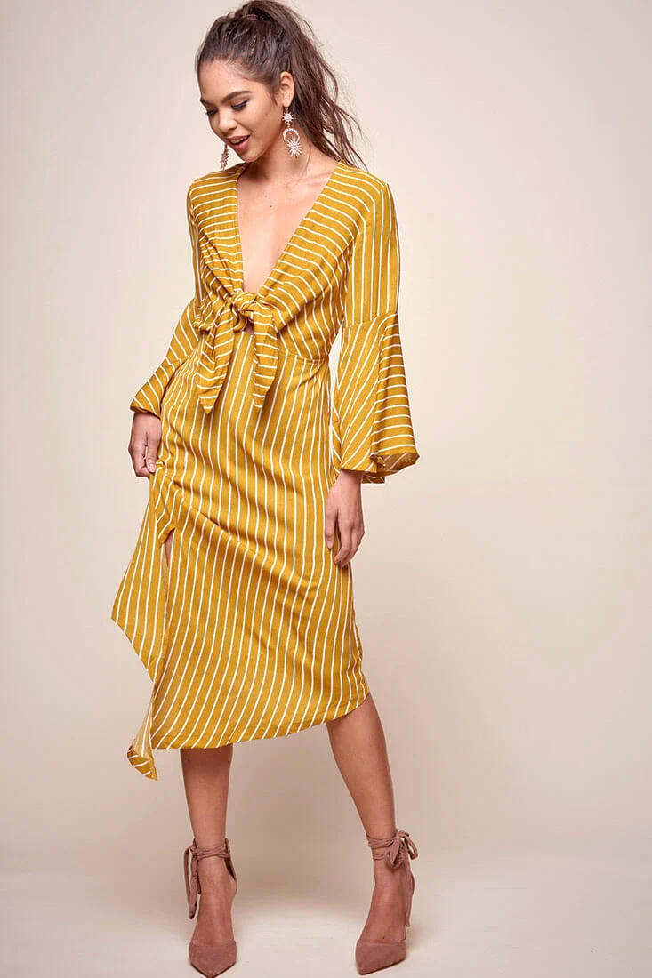 Jaedyn Waist Tie Bell Sleeve Dress Mustard - Sonourner