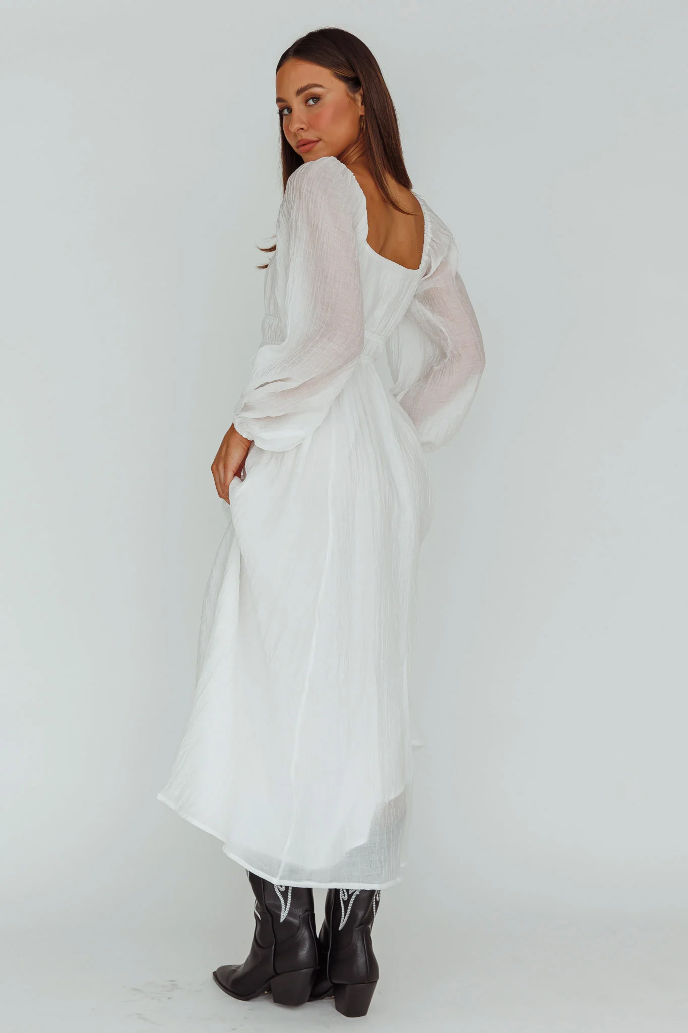 Kylin Balloon Sleeve Tied Bust Maxi Dress White - Sonourner
