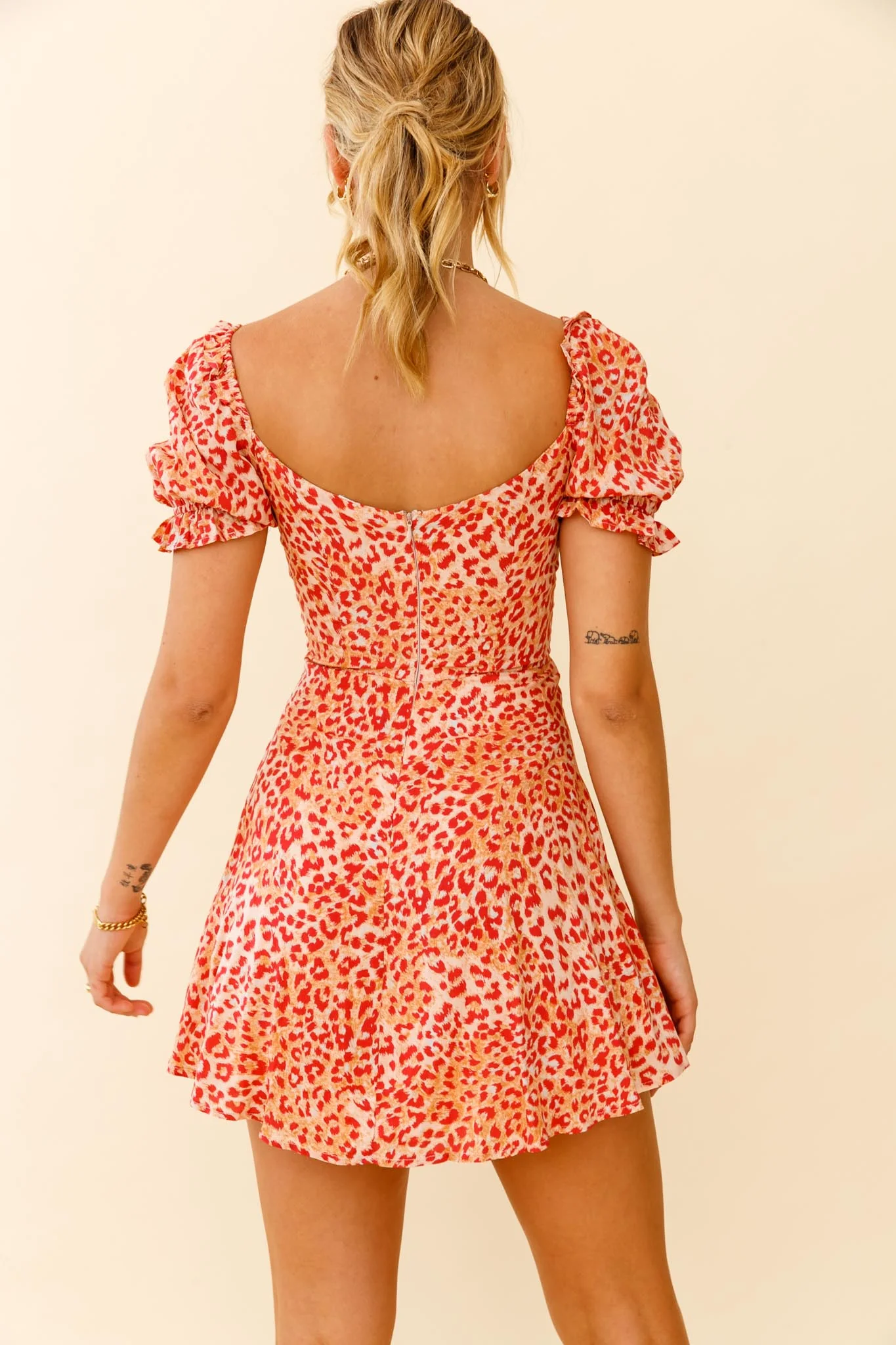 La Quinta Lace-Up Bust Drawstring Detail A-Line Dress Leopard Print Orange - Sonourner