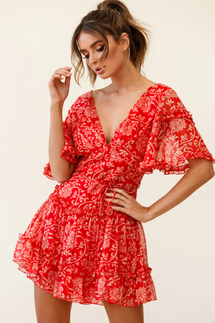 Psalm Angel Sleeve Frill Dress Floral Stencil Print Red - Sonourner