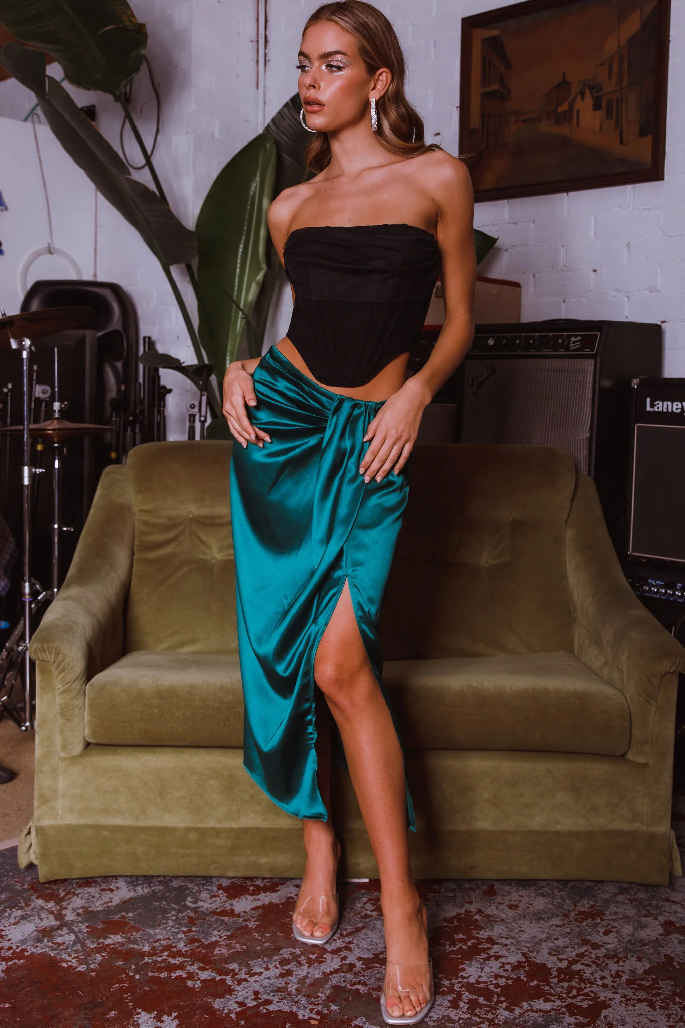 On The Money Gathered Midi Skirt Green - Sonourner