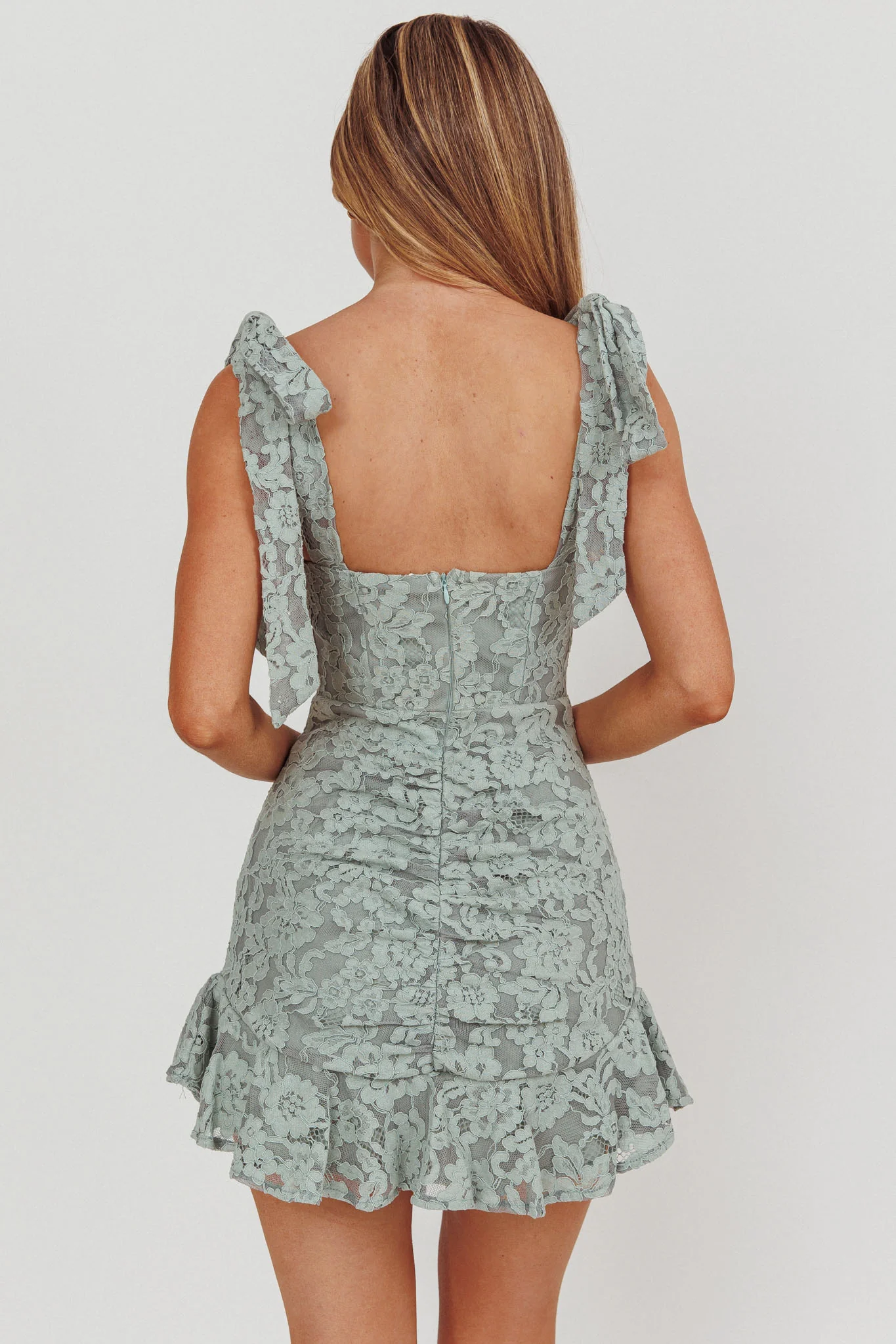 Neriah Tied Shoulder Lace Mini Dress Sage - Sonourner