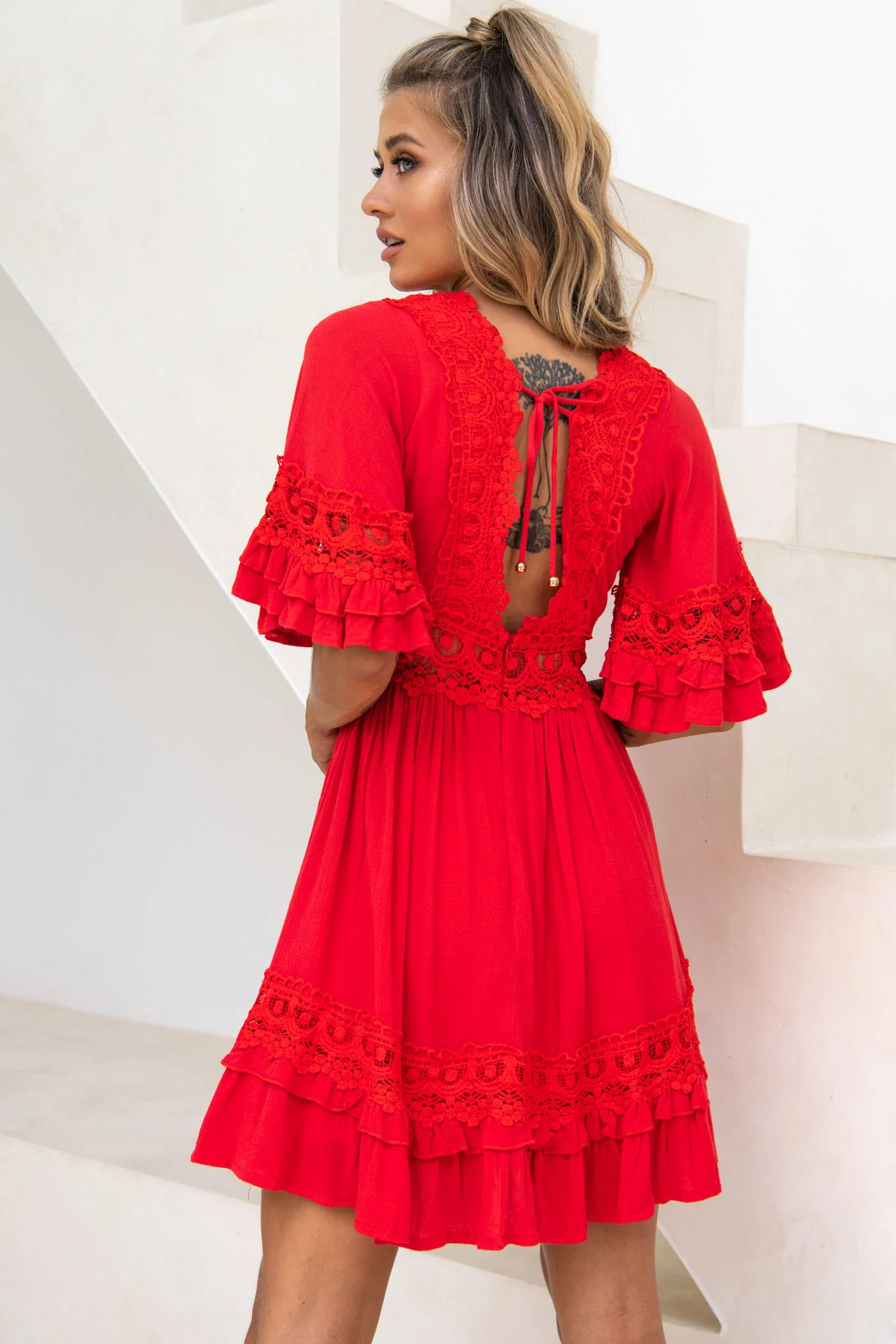 Kauai V-Neckline Crochet Lace Trim Dress Red - Sonourner